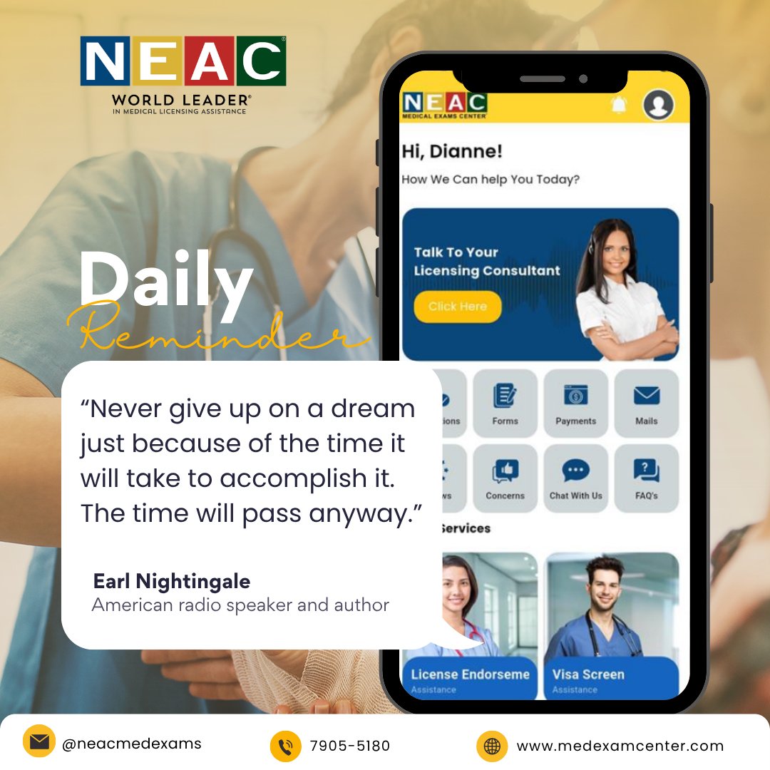 neacmedexams's tweet photo. Never give up on a dream just because of the time it will take to accomplish it. The time will pass anyway. 🌍✨

#NEAC #NCLEX #InternationalNurse #GlobalHealthcare #MedicalLicensing https://t.co/CZO1ruiLlZ