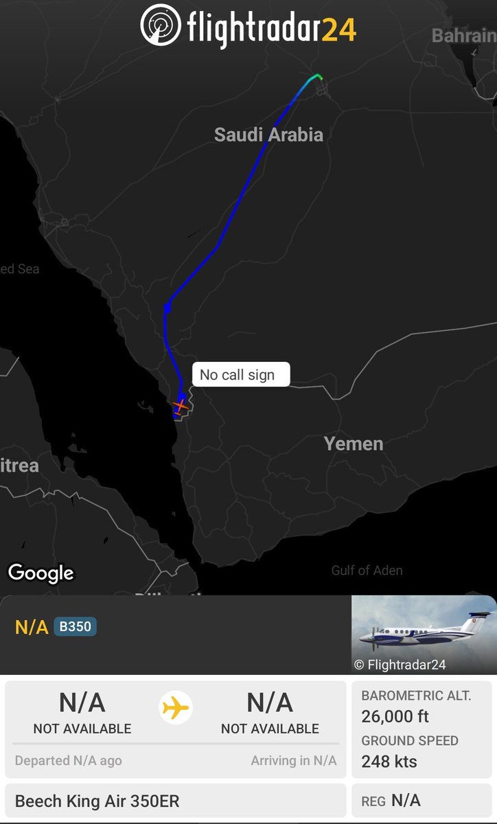 EGYOSINT's tweet photo. 🇾🇪🇸🇦 A Royal Saudi Air Force Beechcraft King Air 350ER is currently conducting ISR missions along Saudi Arabia’s border with Houthi-controlled northern Yemen. https://t.co/ytE4S1gP1l