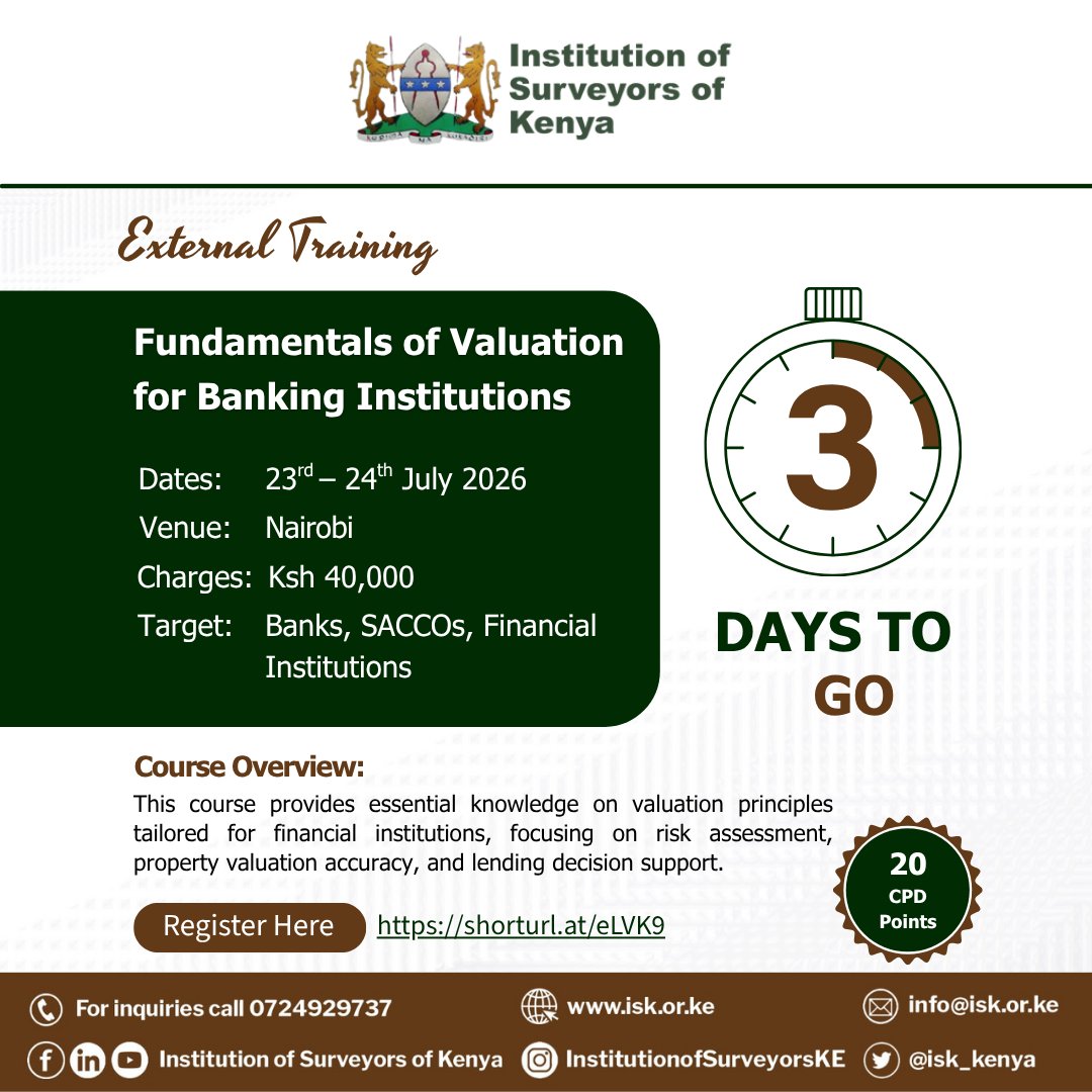 isk_kenya's tweet photo. Only 3 Days Left!

Don't be left out - join industry experts and fellow professionals for two days of practical learning on the fundamentals of valuation for banking institutions.

Dates: 23–24 July 2026
Venue: Nairobi
Charges: KShs. 40,000

Registration is closing soon. Don't miss this opportunity to sharpen your valuation expertise.
Register: https://t.co/GooaSZpGEW
#ISK #Valuation #Banking #Training