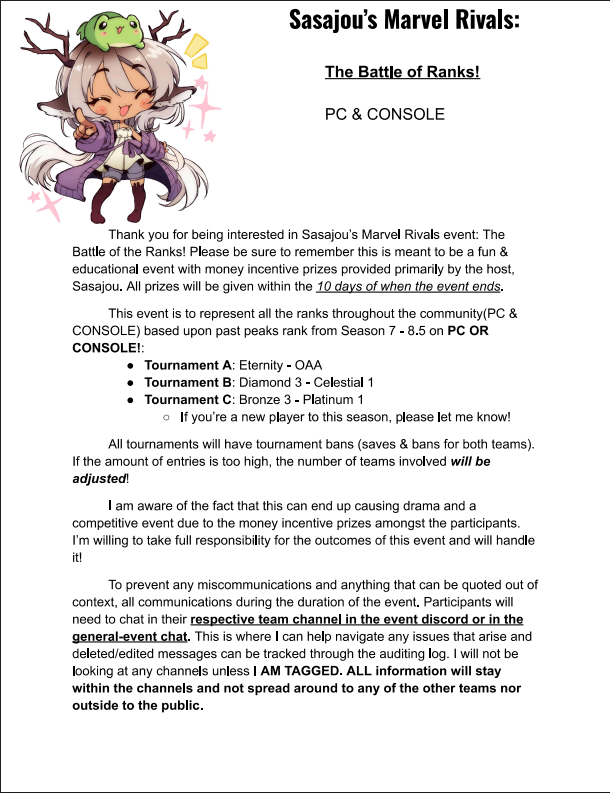 Sasajou_'s tweet photo. HOLY!!!

Thank you all for your interest in my Marvel rivals event 😭😭!!!!

I've included the event documentation that I've came up with below:
https://t.co/dj4S5LHXu9

If you do not trust links, I've provided each page as a media below!

The form will be done and ready in the 1-2 days!