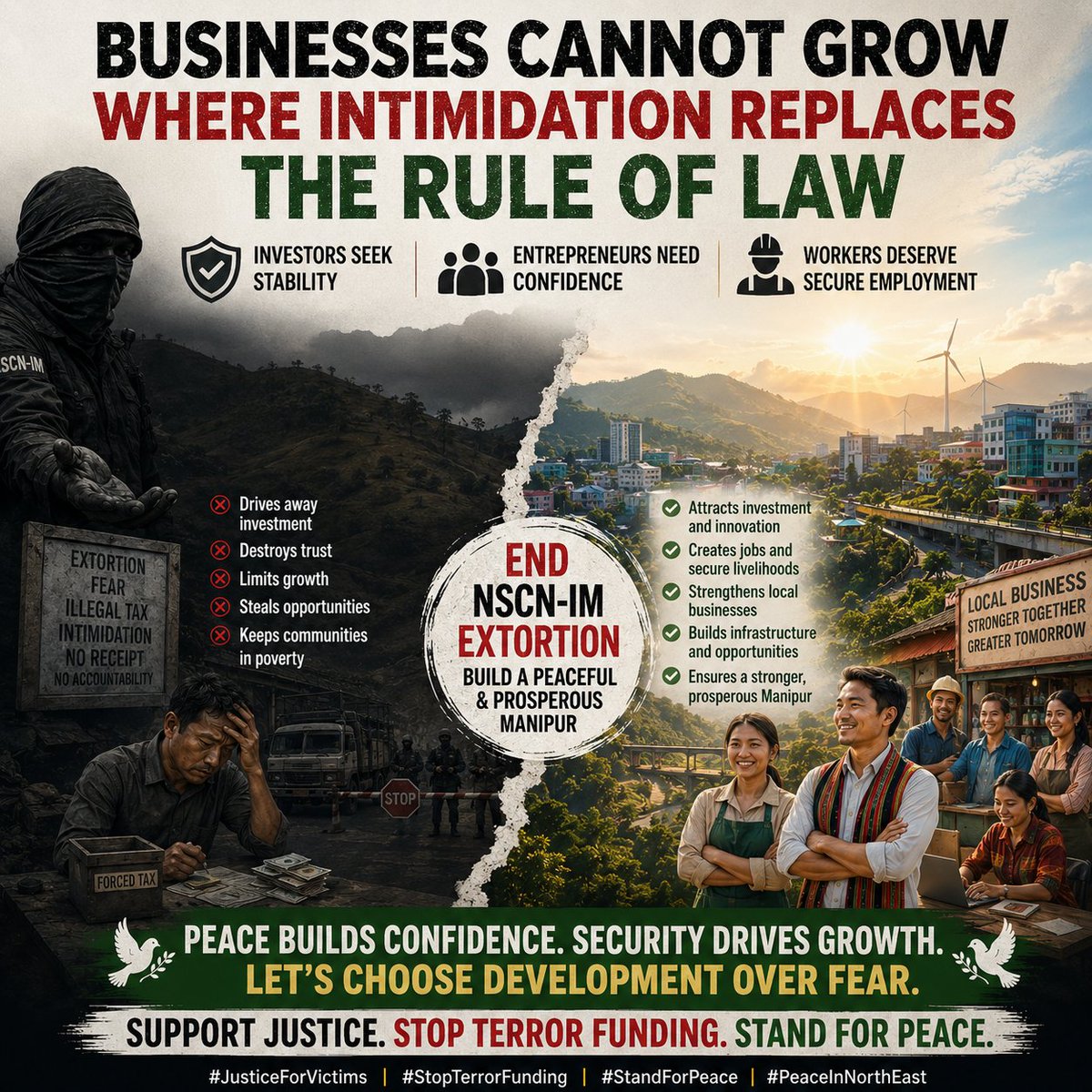 Ningthoupho's tweet photo. Investors seek stability, entrepreneurs need confidence, and workers deserve secure employment. Ending NSCN-IM extortion is critical for Manipur's economic future. #JusticeForVictims #StopTerrorFunding #StandForPeace #PeaceInNorthEast https://t.co/cnlawuVWtt