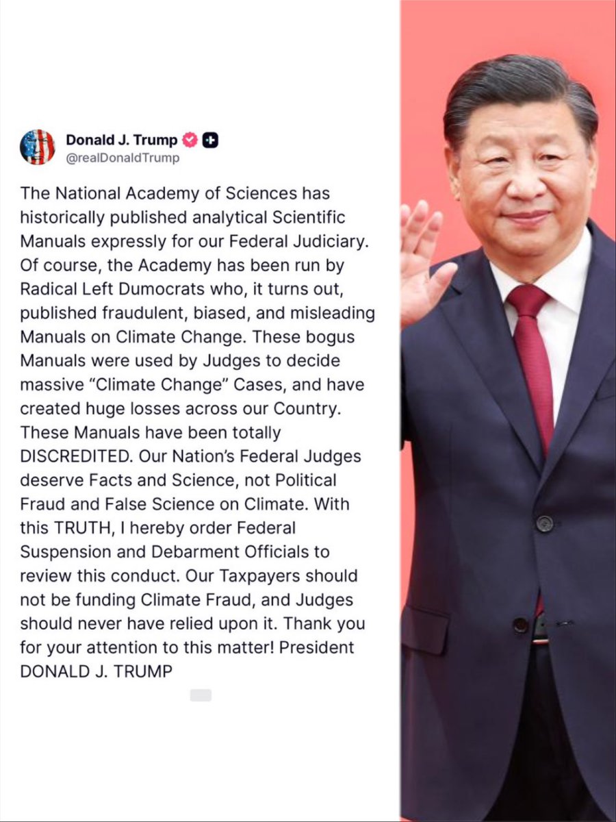 7warroom's tweet photo. 川普这次没有只骂“气候变化骗局”。

他点名的是美国国家科学院给联邦法官用的科学手册。按川普的说法，这些涉及气候变化的手册“欺诈、偏颇、误导”，还被法官拿去裁判大案，给美国造成巨大损失。

所以他下令联邦停职和禁止承包官员审查这件事。

他不跟你在电视上吵“相信科学”四个字，而是把桌子搬到法庭门口。

手册是谁写的？证据标准是什么？法官判案时靠的是可交叉质询的科学，还是一套被包装成科学的政策话术？美国纳税人凭什么为这种东西买单？

气候叙事过去最舒服的地方，就是站在道德高地上收税、限产、关能源项目。普通人多交电费，工厂多背成本，美国少一分能源独立，北京就多一分产业筹码。

川普这刀是要查口号怎么钻进法庭判决书。