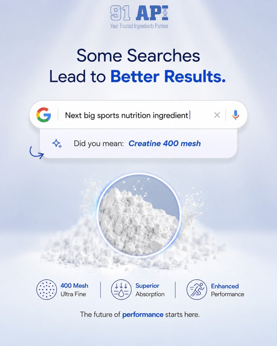 the91Api's tweet photo. Searching for the next big ingredient?
You just found it.

91API Creatine 400 Mesh delivers the purity, consistency, and performance today's sports nutrition brands demand.

#91API #Creatine400Mesh #CreatineMonohydrate #SportsNutrition #SportsNutritionIngredients https://t.co/EsKueTa3IA