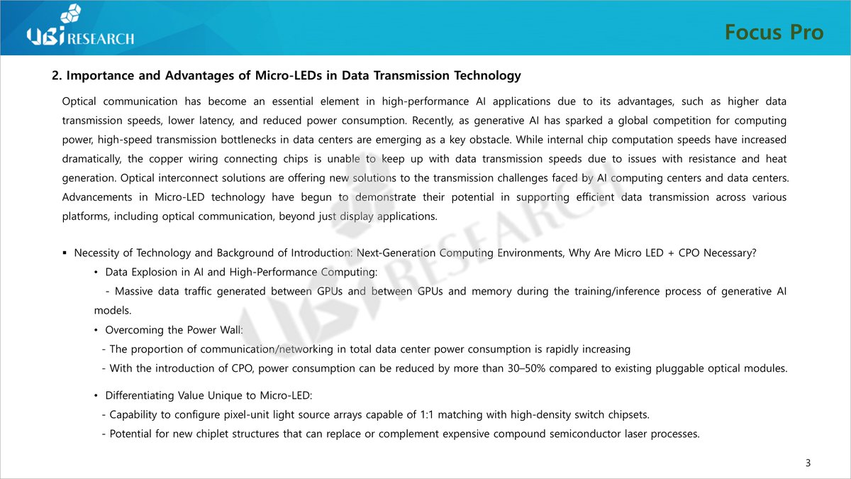UBI_Research's tweet photo. The full Focus Pro issue is free to read now on UBIResearchNet. Explore UBI Research’s analysis of Micro-LED-based CPO for AI data center optical communication. 
🔍https://t.co/xuCk7CXxrB
 
#UBIResearch #UBIResearchNet #FocusPro #MicroLED #CPO #AI #DataCenter https://t.co/B9N5SDegXr