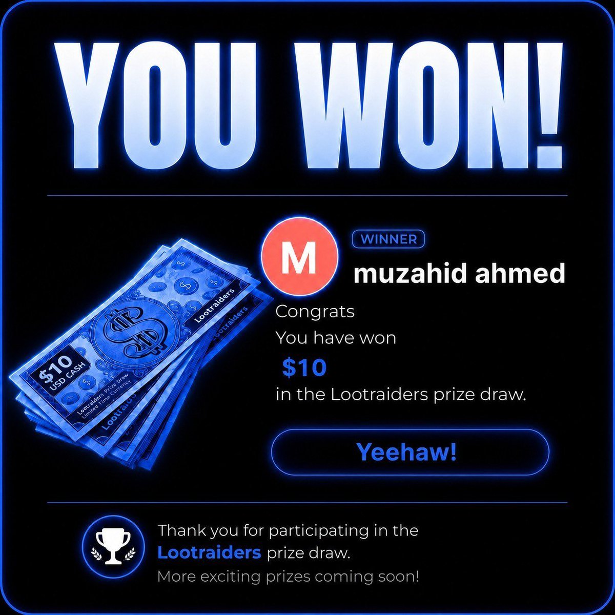 ushno9999's tweet photo. Just won 10$ Bitcoin from Lootraiders.
Thank you @LootraidersEOAS 🥳 https://t.co/4d8YhaDmcL