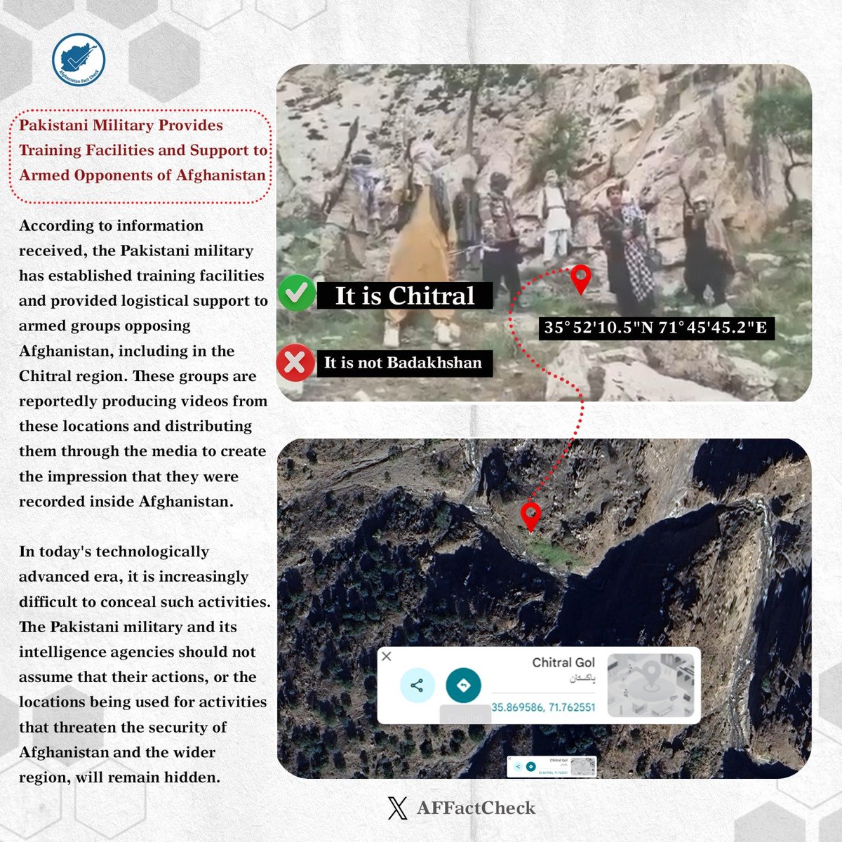 Reality_Check41's tweet photo. 🚨 Report: Pakistani Military regime Support to Afghanistan’s Armed Opponents 🇵🇰⁉️

According to reported information, the Pakistani military has provided training facilities and logistical support to armed groups opposing Afghanistan, including in areas such as Chitral.
The reports claim that these groups are producing media content from these locations and presenting it as if it was recorded inside Afghanistan.
The report highlights ongoing regional security concerns.

#Afghanistan #Pakistan #Chitral #Security #RegionalStability #Reality_Check41