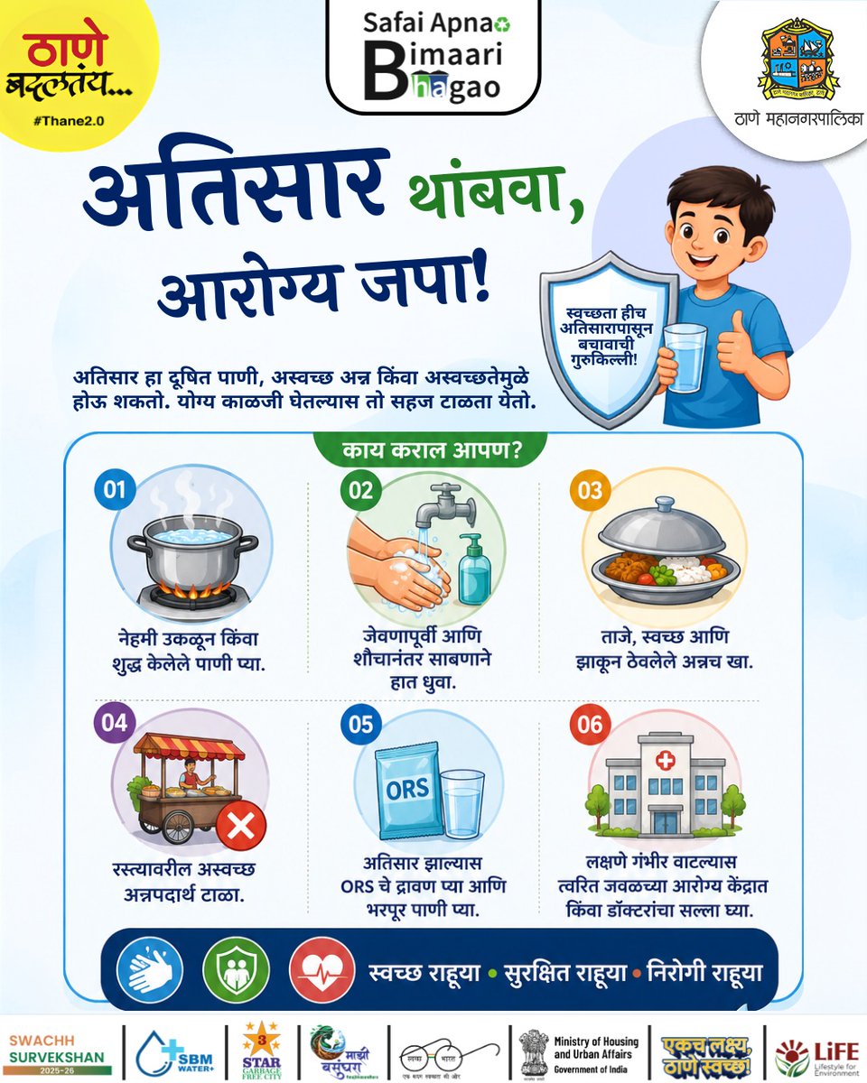 TMCaTweetAway's tweet photo. 💧 अतिसार टाळणे आपल्या हातात आहे! स्वच्छ पाणी प्या, हात स्वच्छ धुवा, ताजे अन्न खा आणि गरज पडल्यास ORS चे द्रावण घ्या. स्वच्छतेच्या सवयी अंगीकारून स्वतःचे व कुटुंबाचे आरोग्य जपा.

#SafaiApnaoBimariBhagao #StopDiarrhoea #SwachhSurvekshan #SwachhBharatMission #Thane https://t.co/6LWdtXStEu
