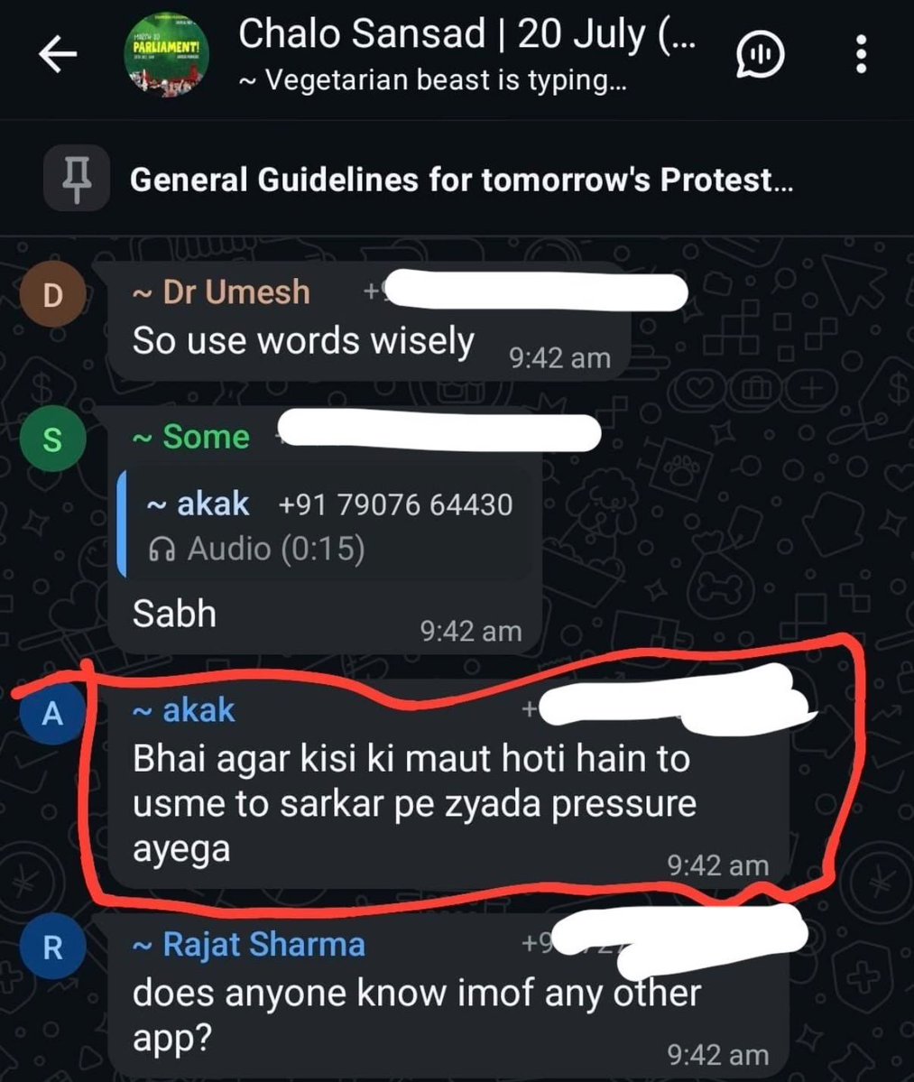 MeghUpdates's tweet photo. 🚨 DISTURBING: CJP's "Chalo Sansad" WhatsApp group glorified dying during the protest.

"Those ready to give their lives... your sacrifice will be remembered. Future generations will say my brother died in that protest."

— Such groups must be investigated thoroughly. https://t.co/vaWNBug1wm