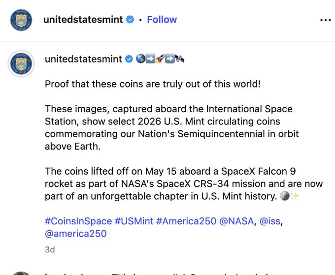 Gh0stDotSol's tweet photo. Every meme sent to space goes to millions. 

The US Mint just posted on their IG and FB the coins that were on the Falcon 9 Rocket.

TrumpCoin just went to 5m, here's one that's never been done before. $SpaceCoin

https://t.co/aDsPFs05QF

https://t.co/tjBeA5SaPB https://t.co/lxa0WU8GNq
