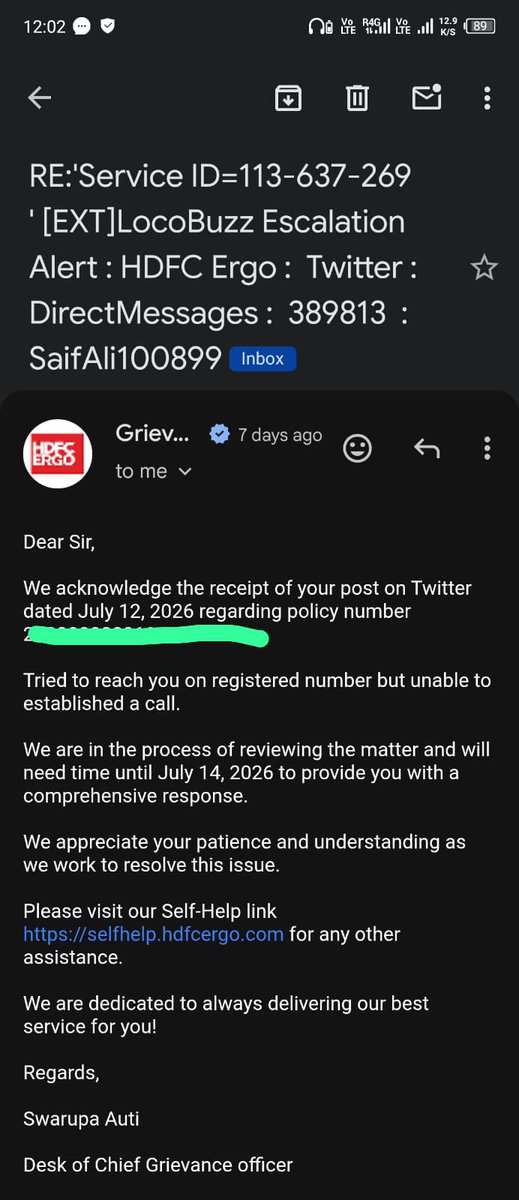 SaifAli100899's tweet photo. @HDFCERGOGIC This is unacceptable. After repeated calls, DMs, emails &amp; false assurances since 06/07/2026, my issue remains unresolved. Your promised resolution timeline has also lapsed. Complete lack of accountability. Escalating this with @irdaindia #IRDAI &amp; consumer authorities https://t.co/s06d1LzpFX