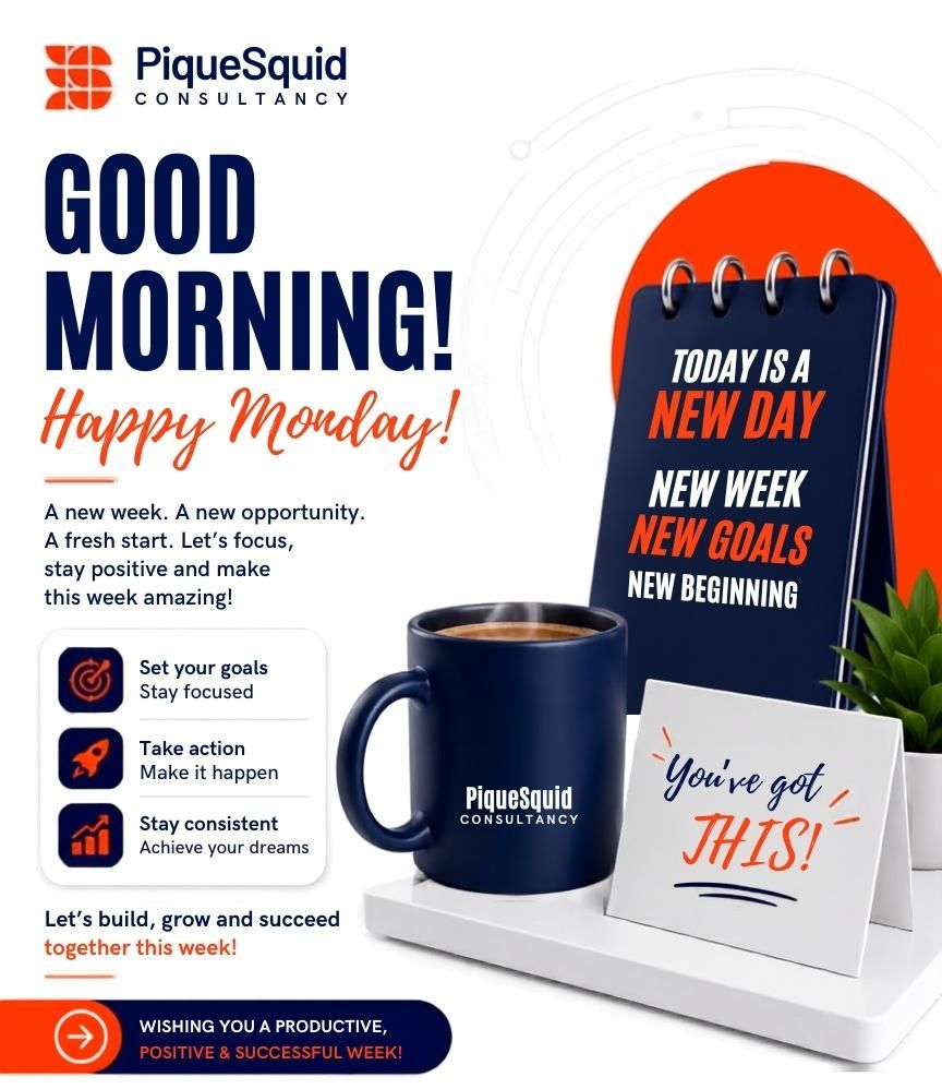 PiqueSquid's tweet photo. Good morning and happy Monday! ☀️

A new week brings new opportunities to innovate, grow, and achieve more.

Set your goals. Take action. Stay consistent.

Let's make this week count. https://t.co/3CeROvCLKP