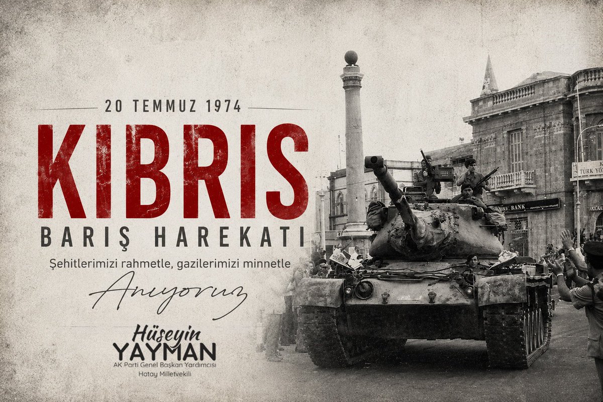 HuseyinYayman's tweet photo. 20 Temmuz 1974 Barış Harekâtı, Kıbrıs Türk halkının varoluş mücadelesinde tarihin akışını değiştiren; adaya barış, güven ve huzur getiren tarihi bir dönüm noktasıdır.

Kıbrıs davası, milletimizin ortak davasıdır. Türkiye, garantör ülke olarak Kıbrıs Türkü’nün egemen eşitliği, eşit uluslararası statüsü ve meşru haklarının korunması için dün olduğu gibi bugün de aynı kararlılıkla mücadele etmeyi sürdürecektir.

Bu anlamlı yıl dönümünde; Kıbrıs Türk halkının özgürlük mücadelesine omuz veren aziz şehitlerimizi rahmetle, kahraman gazilerimizi minnet ve şükranla yâd ediyor, 20 Temmuz Barış ve Özgürlük Bayramı’nı en kalbi duygularımla kutluyorum.