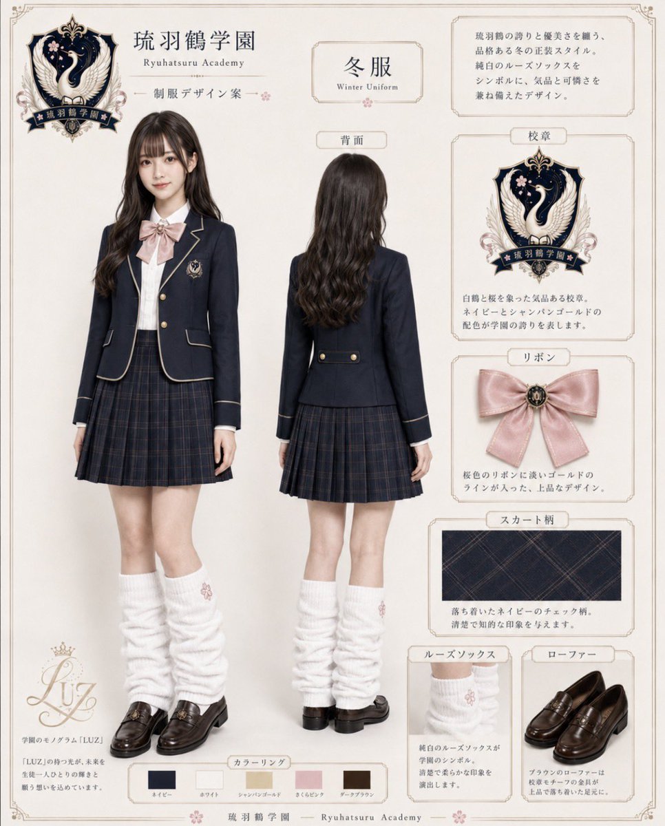 loose69socks's tweet photo. 【琉羽鶴学園 制服・指定ルーズソックス デザイン公開】

気品あるネイビーの制服に、桜色のリボンと純白のルーズソックス。

伝統と優雅さを受け継ぎながら、一人ひとりが自分らしく輝ける制服です。

#琉羽鶴学園 #制服デザイン #制服 #ルーズソックス #ローファー https://t.co/EBQL4eAVvZ