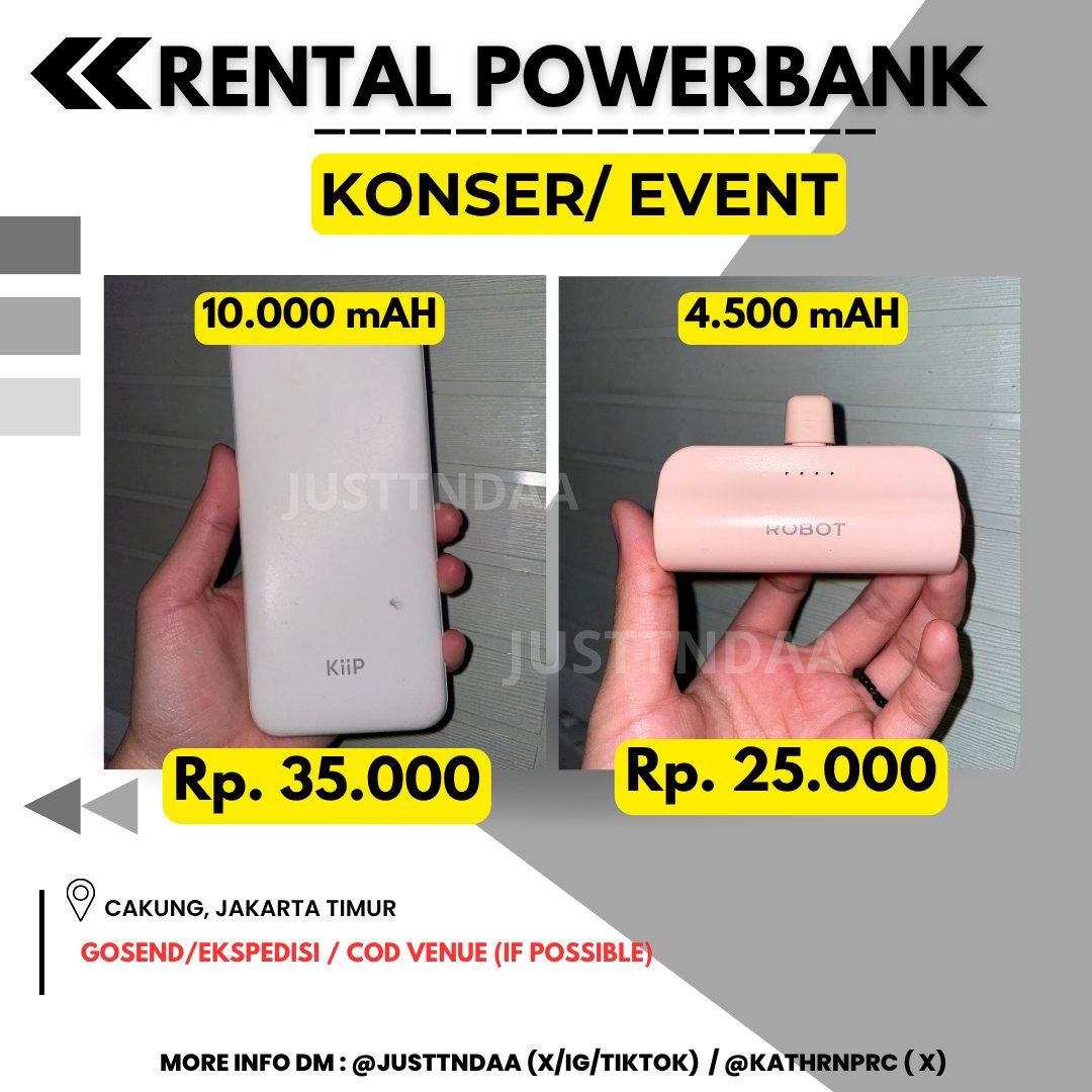 kathrnprc's tweet photo. OPEN SEWA RENTAL POWERBANK KONSER 4.500 &amp; 10.000 mAH

💸 25K (4.500 mAH)
💸 35K (10.000 mAH)
 
✅️ COD VENUE (IF POSSIBLE)/STASIUN/GOSEND/EKSPEDISI

✅️ WAJIB DP 10K

t. wtr want to rent rental sewa powerbank konser event

DM FOR MORE INFO📩 https://t.co/0sTEYuFFiN