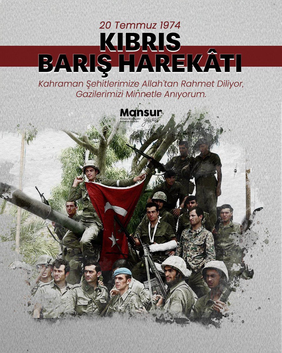 mansuryavas06's tweet photo. 20 Temmuz 1974’te gerçekleştirilen Kıbrıs Barış Harekâtı barışa ve insan onuruna sahip çıkan bir milletin iradesidir.

Bu anlamlı günde Kuzey Kıbrıs’taki yurttaşlarımızın Barış ve Özgürlük Günü’nü yürekten kutluyor; başta merhum Bülent Ecevit, Necmetin Erbakan ve Rauf Denktaş olmak üzere tüm şehitlerimizi rahmetle, gazilerimizi minnetle anıyorum.

Kıbrıs Türkü’nün haklı mücadelesini dün olduğu gibi bugün de savunmaktan asla vazgeçmeyeceğiz.