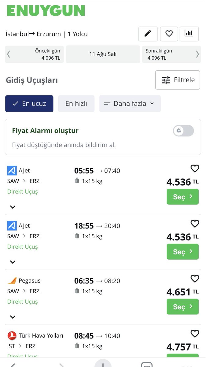 slymnplt25's tweet photo. @srkninci İstanbulda memursun ve tatile memleketi olan Erzurum’a 11 ağustosda gitmek istiyor bilet fiyatlarına bakalım ; 
İstanbul - Erzurum 👉 4536 TL
İstanbul - Atina 👉 2915 TL 

Memlekette en büyük problem sen ve senin gibiler , ülke sizlerden kurtulduğu gün refaha erişecek …. https://t.co/kaZupgderI