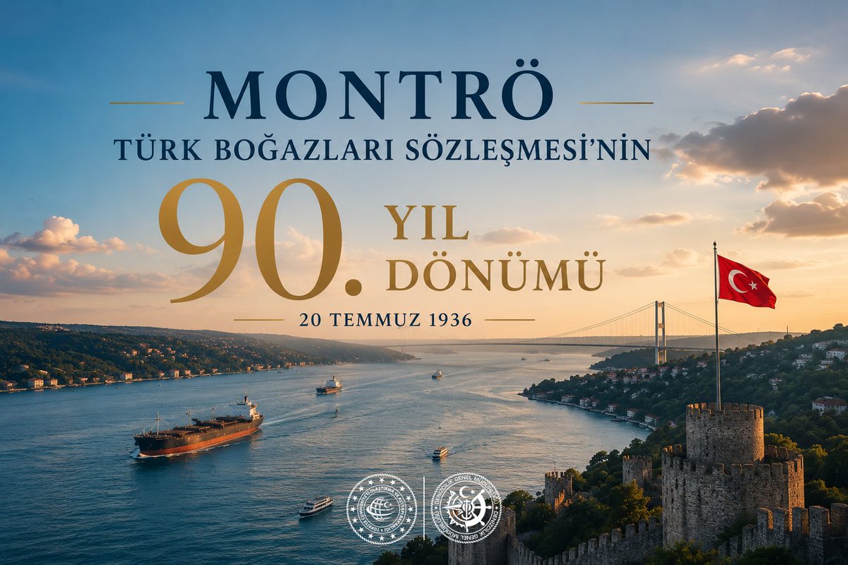 denizcilikgm's tweet photo. 🇹🇷 Montrö Türk Boğazları Sözleşmesi'nin 90. yıl dönümü kutlu olsun!

20 Temmuz 1936'da imzalanan Montrö Türk Boğazları Sözleşmesi; Türkiye'nin Türk Boğazları üzerindeki egemenlik haklarını yeniden tesis eden, bölgesel barışa ve deniz güvenliğine katkı sağlayan en önemli kazanımlarımızdan biridir.

90 yıldır ülkemizin egemenliğinin ve Türk Boğazları'ndaki düzenin güvencesi olan sözleşmenin yıl dönümünü gururla kutluyor, bu tarihi başarıda emeği geçenleri saygı, rahmet ve minnetle anıyoruz.