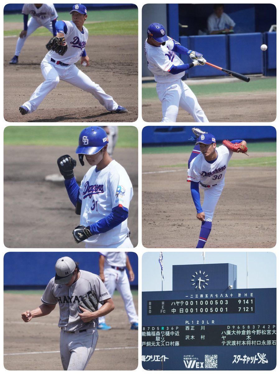 tan_k_y's tweet photo. ファームリーグ
中日ドラゴンズ7-9ハヤテベンチャーズ静岡

一時は5点リードも中継ぎ陣が粘れず打ち合いに。まるで一軍を見てるかのような4時間ロングゲームでした。
先発高橋幸は自己最長の6回を投げ1失点でしたが勝ち星には届かず。
打線では森、中村、能戸がいずれもマルチに打点と目立ちました https://t.co/zzvbz7ikYF