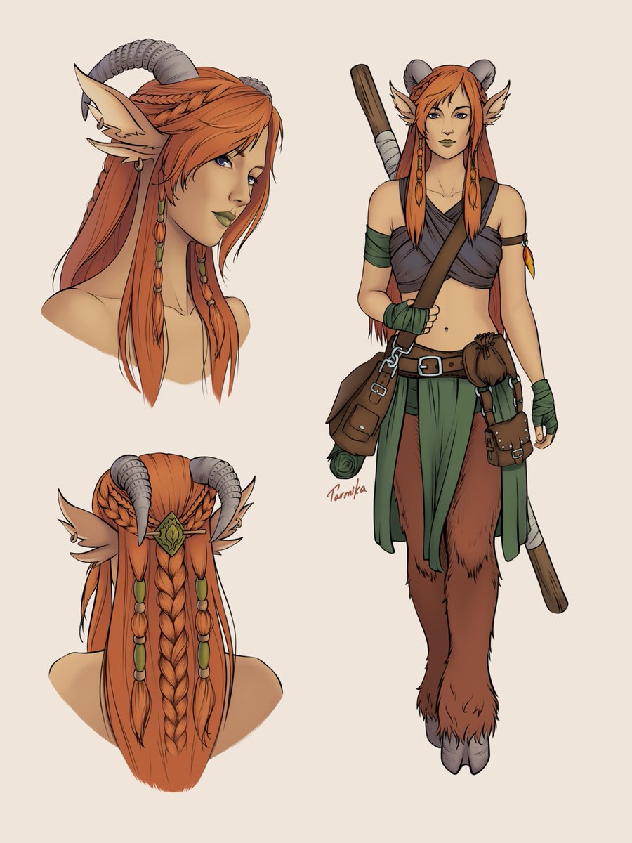 Tarmika_art's tweet photo. I've remembered her name! I called her Fiadh which, from what I understand, means "deer" in Irish. And here is her full concept. 

#oc #characterdesign #satyr https://t.co/YaYIegiyFY