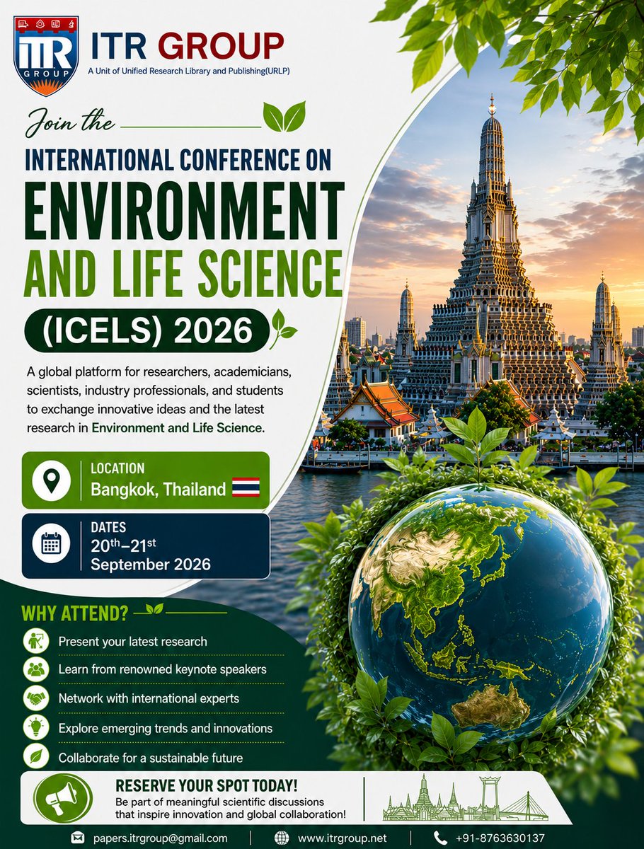 group_itr's tweet photo. International Conference on Environment and Life Science (ICELS) 2026
Bangkok, Thailand
September 2026
#icels2026 #environment #lifescience #environmentalscience #sustainabilitymatters #climatechangeisreal #ecology #biodiversity #renewableenergy #greentechnology #conservation https://t.co/vaVzTuBoOh