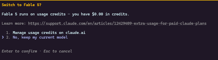 10xDinesh's tweet photo. @trq212 is this a bug on claude code windows? I cannot use fable 5. Every time I try to send a message or switch to fable, my client is checking for usage credits.

I still have 28% of my usage left on 20x plan. https://t.co/dPpe2TMAGD