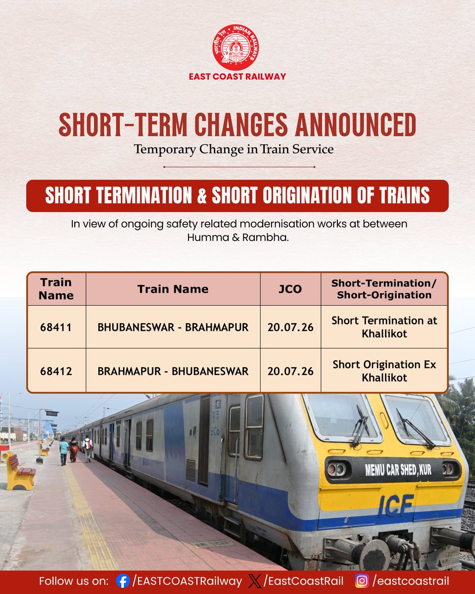 EastCoastRail's tweet photo. Important Update for MEMU Passengers

To facilitate essential safety modernisation works, Train Nos. 68411/68412 will operate with short termination and short origination at Khallikot on 20 July 2026.

Kindly check the revised train operations before planning your journey.

#EastCoastRailway #TravelUpdate #PassengerInformation #RailwayUpdate #ECoRupdate @RailMinIndia