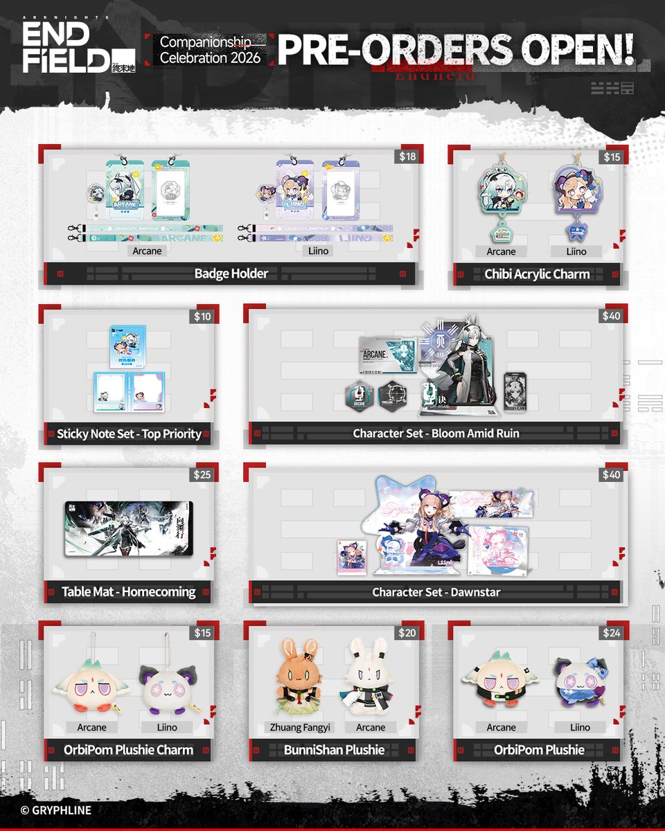 GLStore_EN's tweet photo. New merch on!

#ArknightsEndfield[Companionship Celebration 2026] series merch is open for pre-order!

Pre-Order Link: https://t.co/u2VLa12b2k

Follow and repost for a chance to win a free standee! 5 winners will be selected!

View the images below for more info. #GRYPHLINESTORE https://t.co/sBcO9Ad8nm