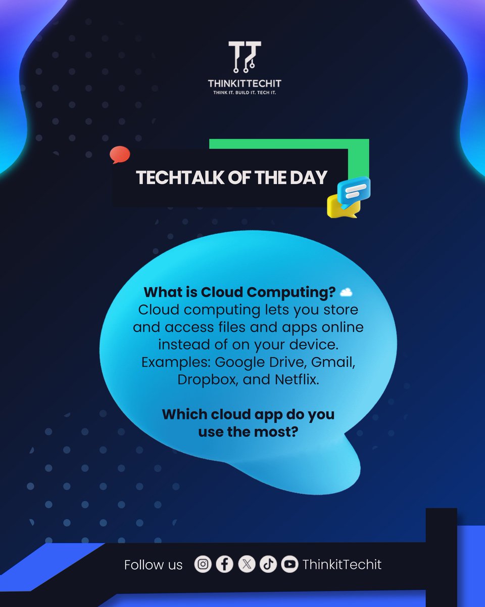 thinkittechit's tweet photo. ☁️TITI Day: Cloud Computing
Cloud computing lets you access apps, files and services over the internet from almost anywhere. Platforms like Google Drive, Gmail, Dropbox and Netflix all rely on the cloud.
💬What's your go-to cloud app?
#TechTalk #ThinkItTechIt #TechEducation https://t.co/4fFDVi4fxE