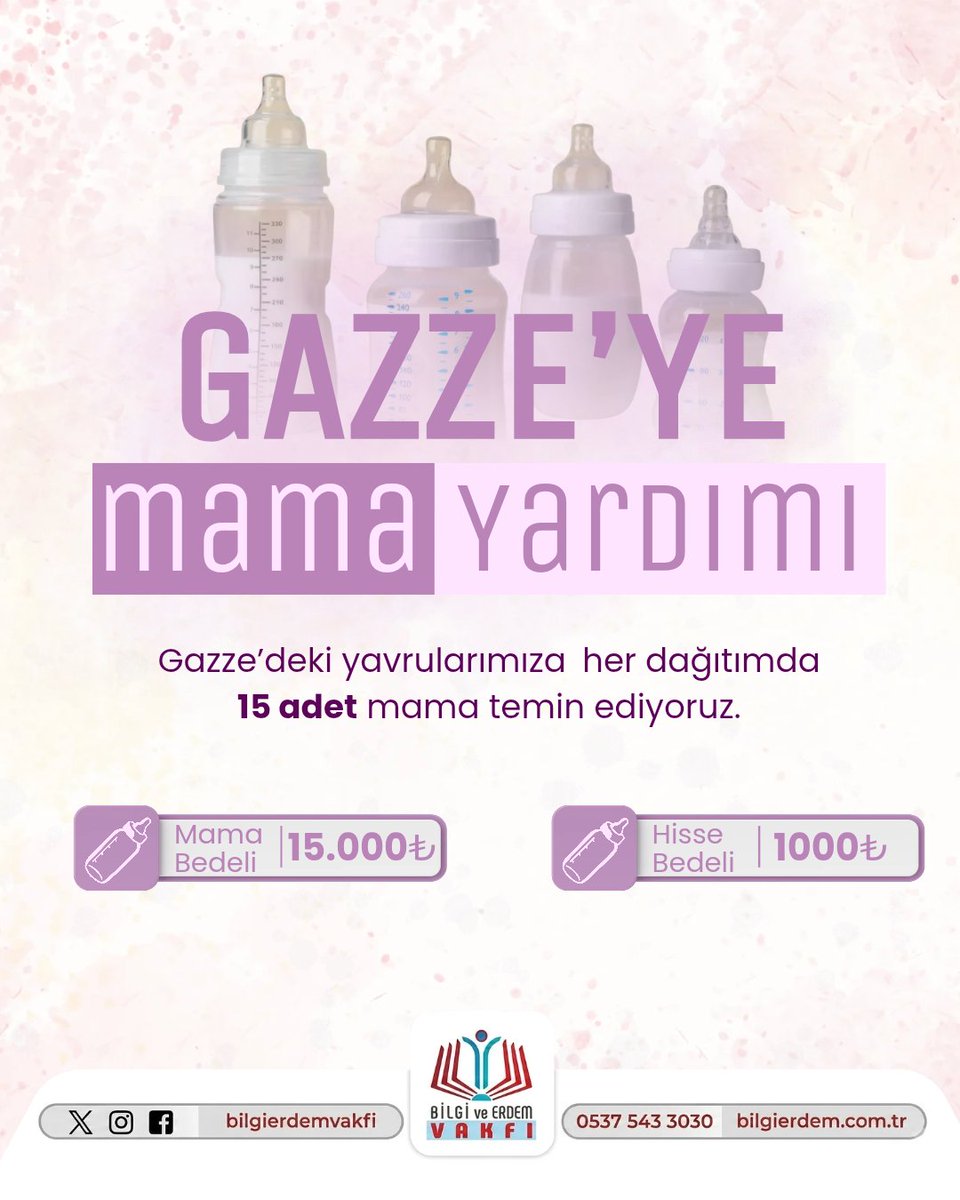 bilgierdemvakfi's tweet photo. 🍼GAZZE'YE MAMA YARDIMI

Gazze'deki yavrularımıza her dağıtımda 15 adet mama temin ediyoruz.

Mama Bedeli (15 adet) : 15.000₺
Hisse Bedeli (1 adet) : 1000₺

Detaylar ve iletişim için:
📞 0537 543 30 30 
 🌐 https://t.co/KICLX7eV5G https://t.co/2GHZMLr1lj