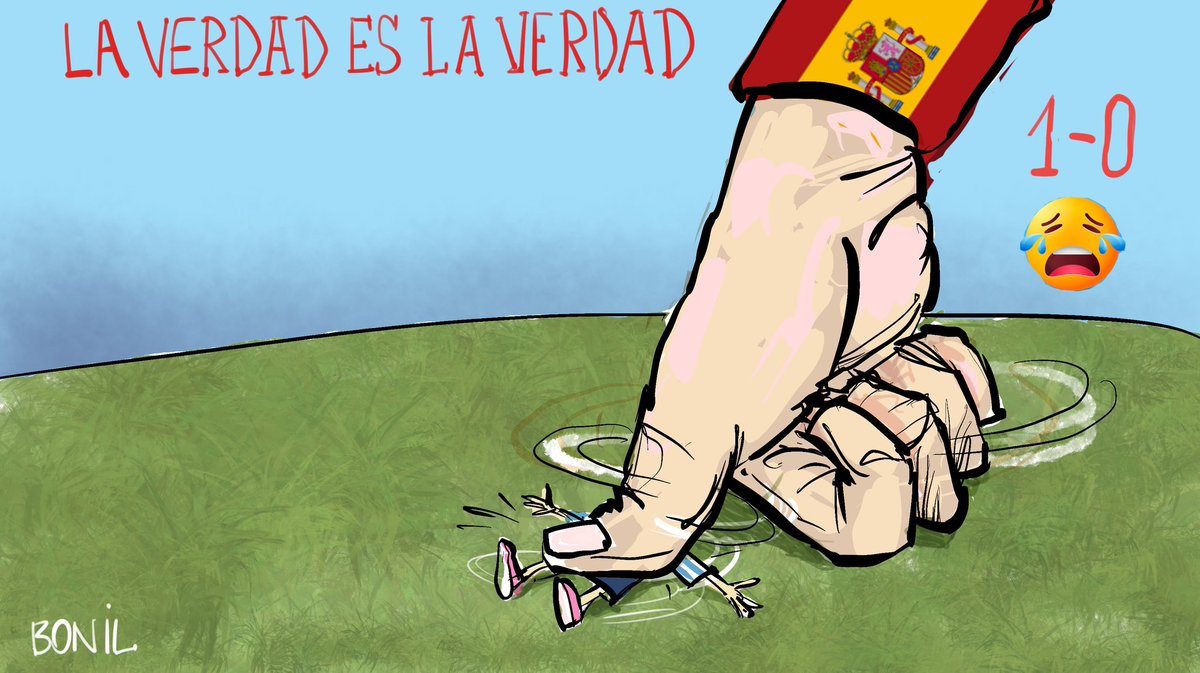 bonilcaricatura's tweet photo. La verdad es la verdad: España ganó sin piedad.
Y les partió por la mitad 
A los gauchos al final.

Fin de la era #Messi 
#mundialdefútbol2026 https://t.co/WUHUnXlA7a