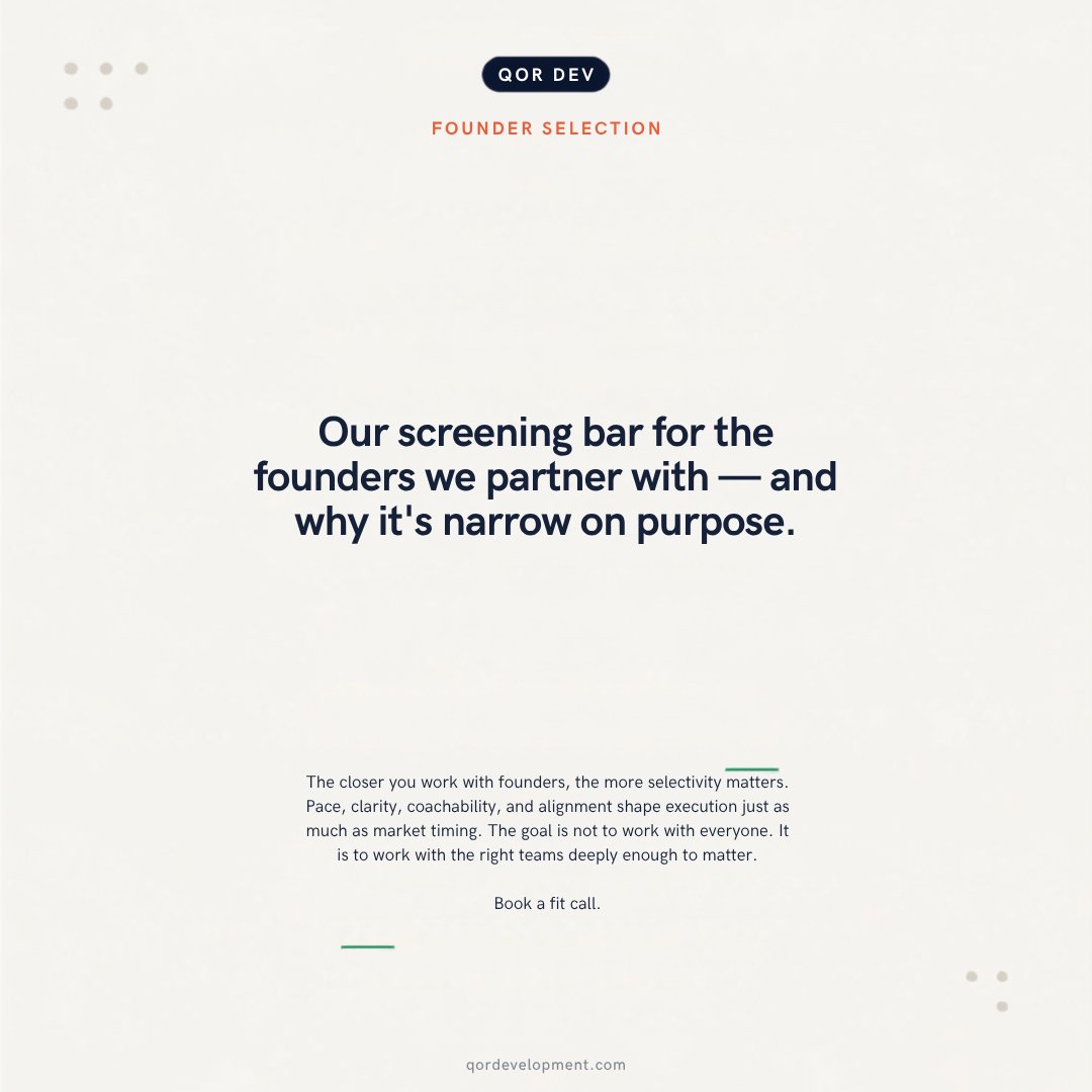 qordev's tweet photo. "Our screening bar for the founders we partner with — and why it's narrow on purpose."

The closer you work with founders, the more selectivity matters.

We care about pace, clarity, coachability, and alignment because those things shape execution just as much as market timing does.

The goal is not to work with everyone. It is to work with the right teams deeply enough to matter.

Book a fit call.

#Startups #Founders #ProductMarketFit #AI #AIAgents #Crypto #Web3 #SoftwareDevelopment #VentureCapital #SeedStage #PreSeedStage