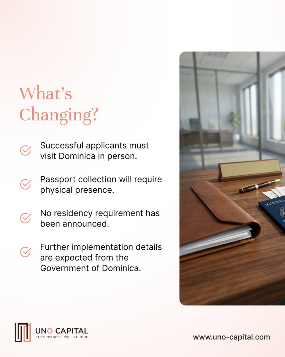 UNO_Capital's tweet photo. Dominica has introduced a new in-person visit requirement for successful Citizenship by Investment applicants.

Contact UNO Capital to learn more:

📞 +971 50 895 6330
📧 info@uno-capital.com 

#DominicaCitizenship #DominicaCBI #CitizenshipByInvestment #UNOCapital https://t.co/1FAuUORC4R