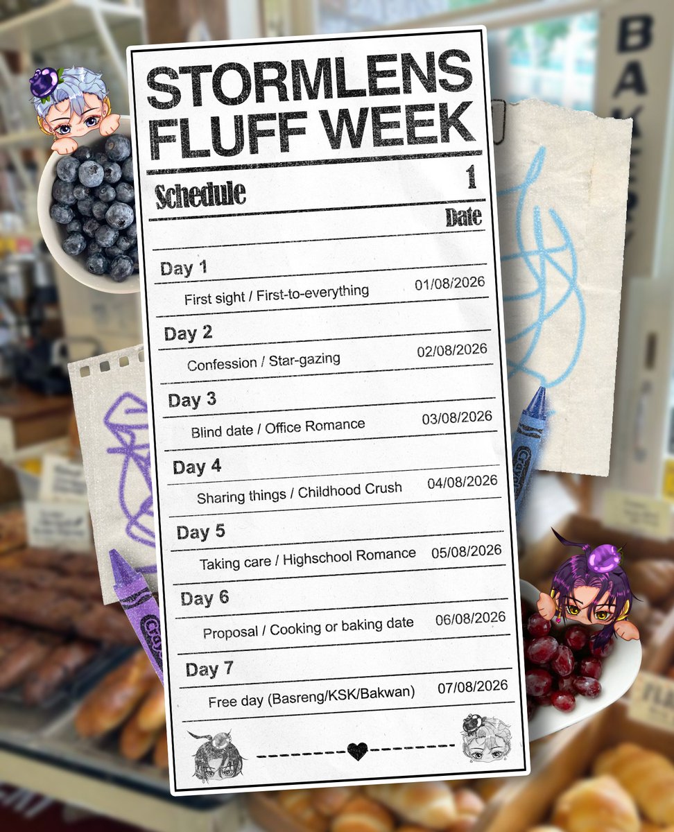 stormlenstore's tweet photo. 📣 𝗜𝗧'𝗦 𝗙𝗜𝗡𝗔𝗟𝗟𝗬 𝗛𝗘𝗥𝗘! 🍇🫐

The wait is over! We're so happy to officially share the prompts for #StormLensFloafWeek with you all

📅 August 1–7, 2026

For the event rules and other important details, please check the thread below! https://t.co/SQ59uR3D3L
