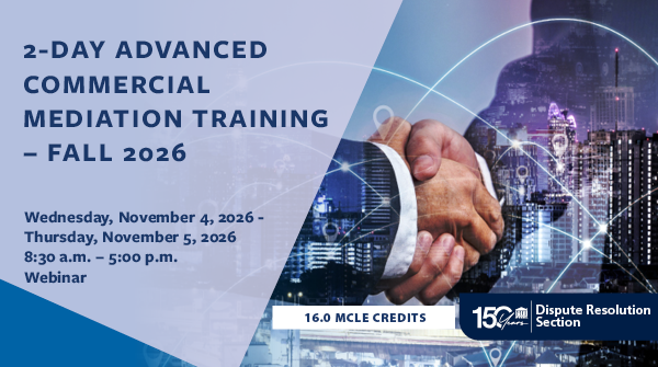 NYSBA's tweet photo. This program will focus on identifying the barriers to settlement and the ways to overcome them. In addition to refining and deepening facilitative skills and orientation, the program will address ways of facilitating evaluative analyses or offering evaluative feedback to help the parties reach a resolution. Register today: https://t.co/uRib8sLEYv

#NYSBA150