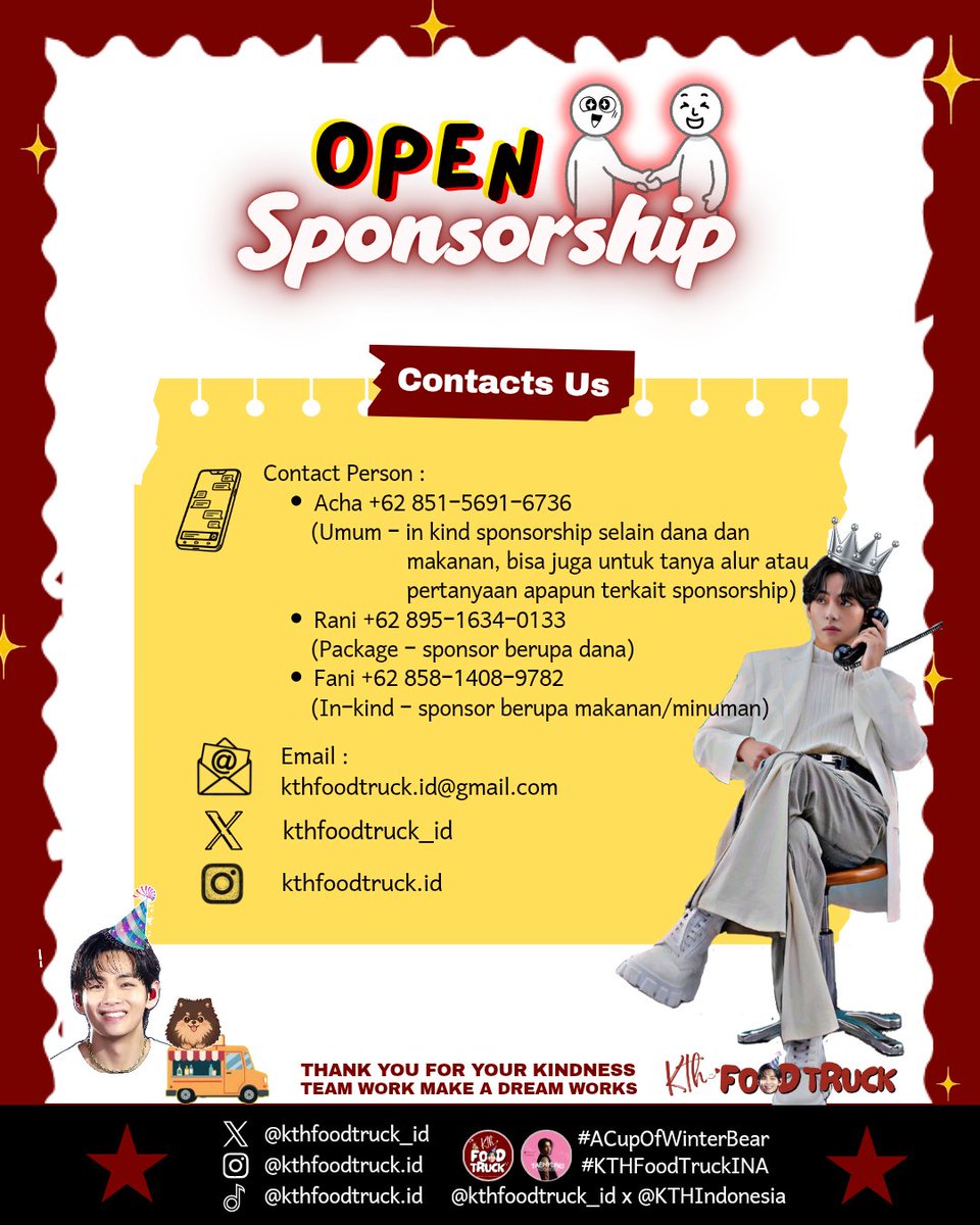 kthfoodtruck_id's tweet photo. 💜 Sponsorship KTHFoodTruck Telah Dibuka!

Halo Army! Kami membuka kesempatan bagi Army individu maupun komunitas yang ingin berkolaborasi sebagai sponsor untuk project KTHFoodTruck.

Apabila tertarik, silakan mengisi form sponsorship melalui link di bawah ini. Setelah mengisi form, mohon hubungi admin melalui kontak yang tertera di dalam form untuk proses selanjutnya.

📅 Estimasi periode sponsorship dibuka hingga November 2026. Namun, form dapat ditutup sewaktu-waktu. 

Terima kasih atas minat dan dukungannya. Kami berharap dapat berkolaborasi bersama untuk menyukseskan project ini. 💜

📎 Form Sponsorship:
https://t.co/2MSGEuUt1s

#ACupOfWinterBear #KTHFoodTruckINA