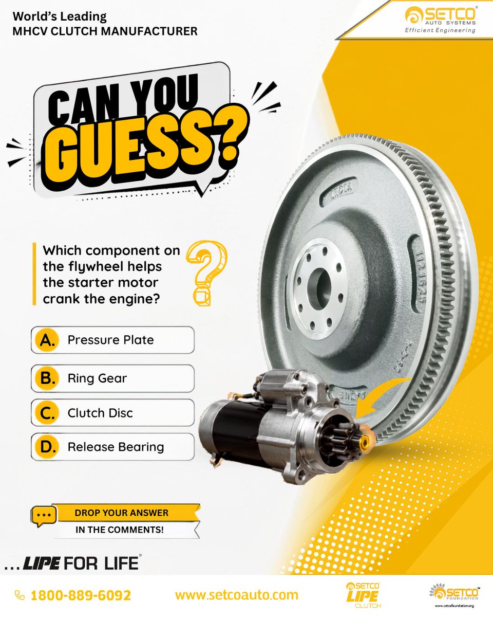 SetcoAuto's tweet photo. Every truck engine comes to life thanks to a crucial component working behind the scenes. But do you know which part of the flywheel helps the starter motor crank the engine?

Drop your answer in the comments and put your knowledge to the test!

#SetcoAutoSystems #LIPE #Flywheel https://t.co/Hx8tkSfJE4