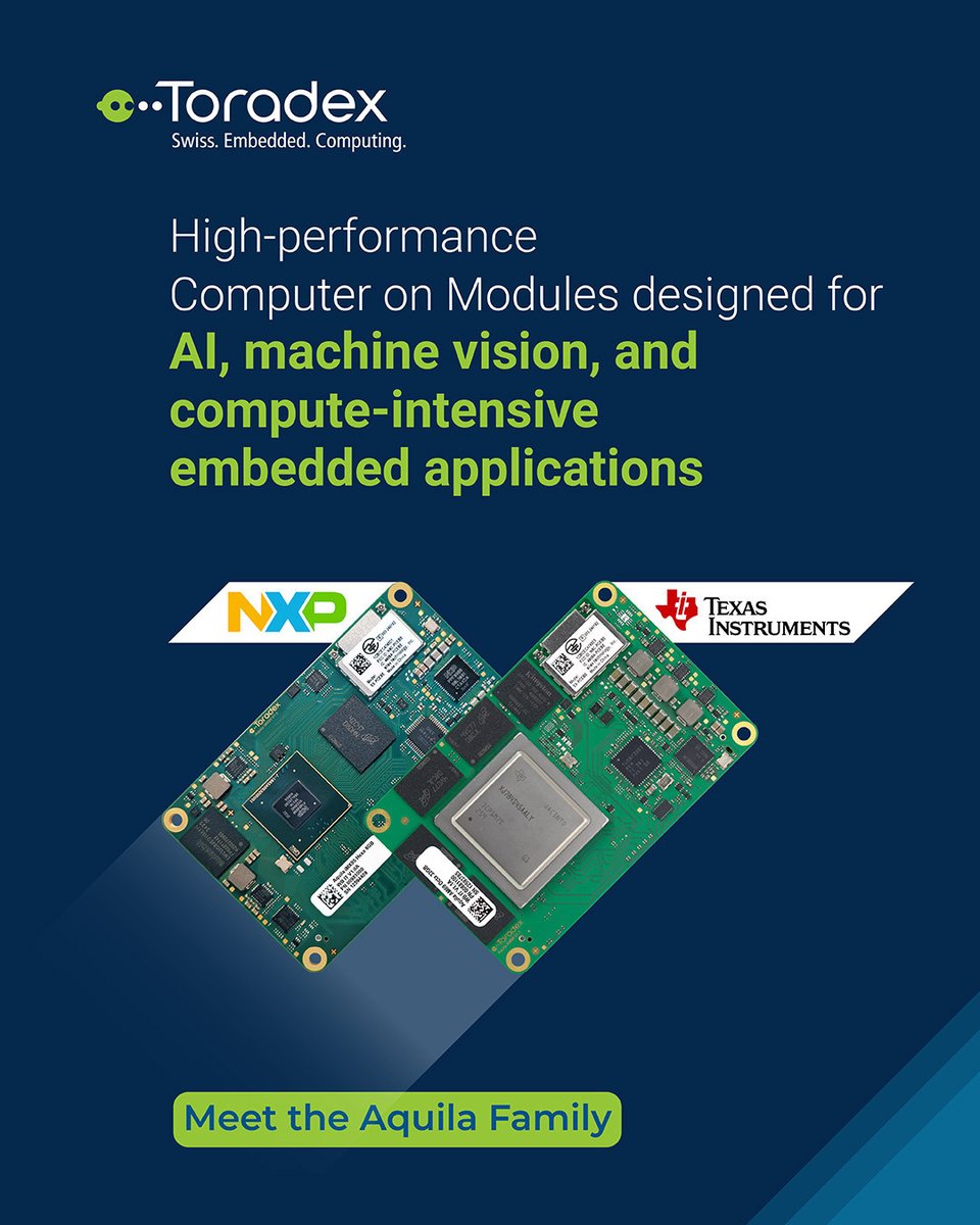 Toradex's tweet photo. Fast. Powerful. Ready for what's next.

The Toradex Aquila Family delivers the performance and scalability for AI-powered products and demanding embedded applications.

Explore the portfolio: https://t.co/KewqJuPaA8

#EdgeAI #EmbeddedSystems #ComputerOnModule https://t.co/NZwAsHY8zX