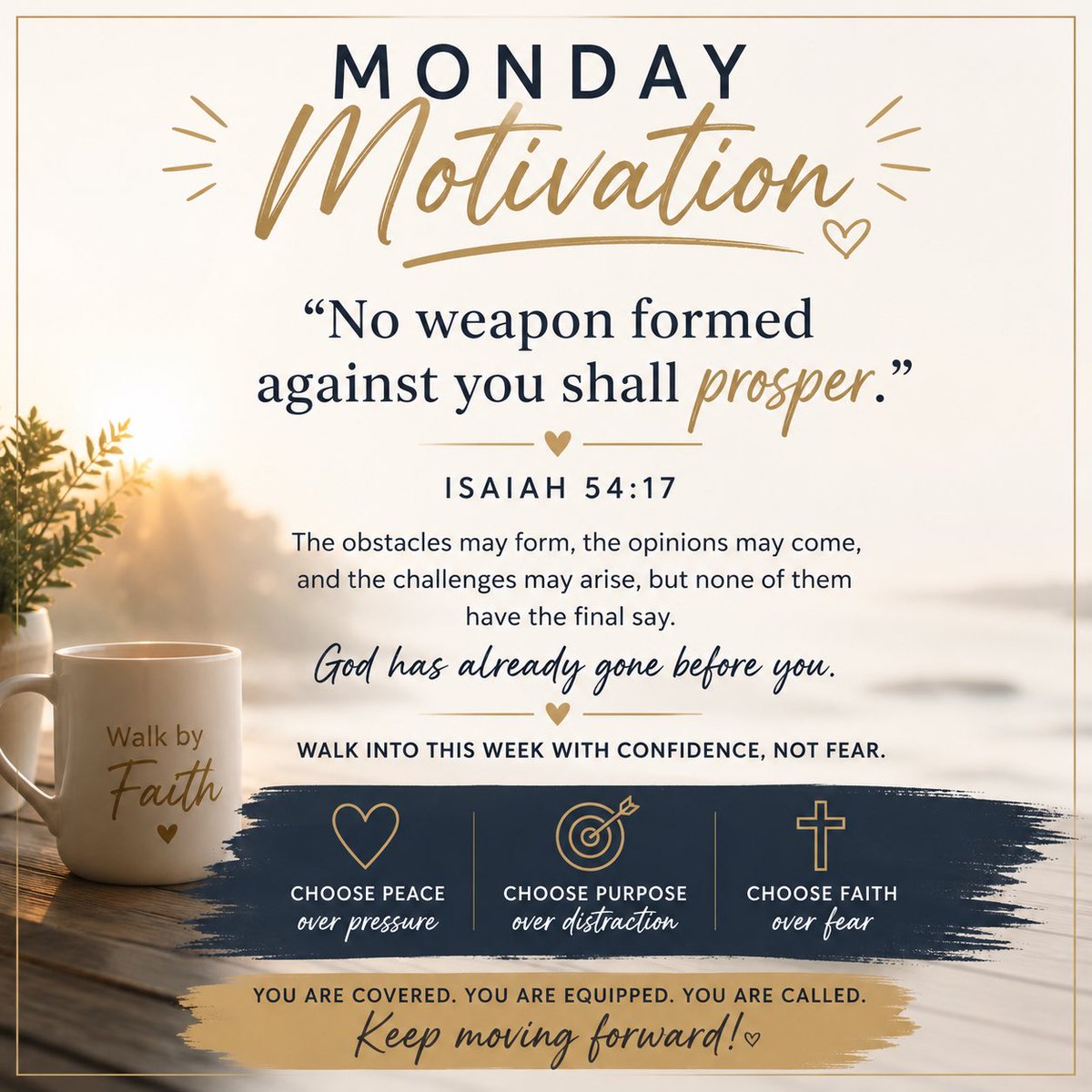 KDussette's tweet photo. Monday Motivation

“No weapon formed against you shall prosper.” — Isaiah 54:17

Walk into this week with confidence, not fear. The obstacles may form, the opinions may come, and the challenges may arise, but none of them have the final say. God has already gone before you. https://t.co/AAyQPibOzf