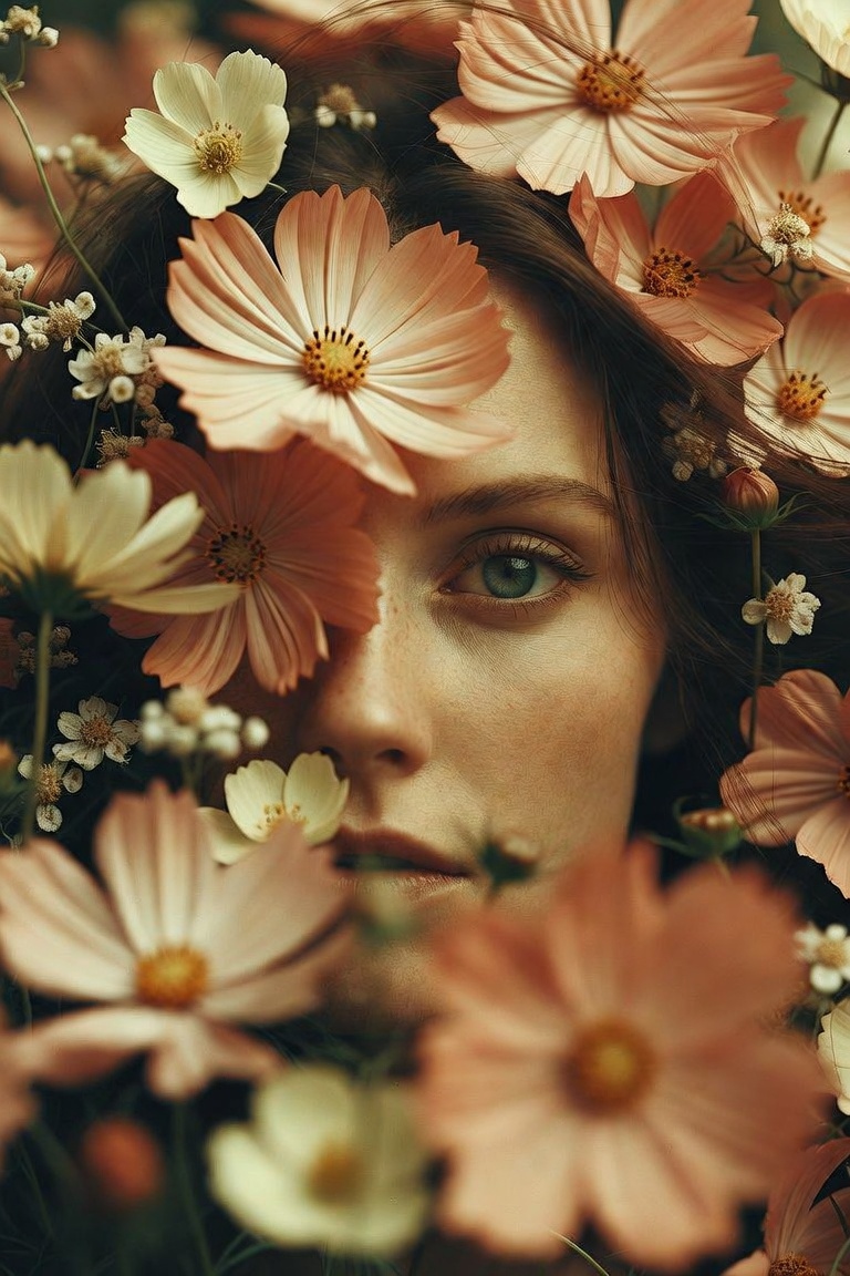 poetrynthings's tweet photo. Grok Imagine prompt:

A cinematic film photograph of a close-up portrait of a female model with a single piercing blue-green eye visible and natural brows, her half face partially obscured by a cluster of blooming cosmos flowers in soft peach and pink, small white flowers... https://t.co/huEmnGBwvG