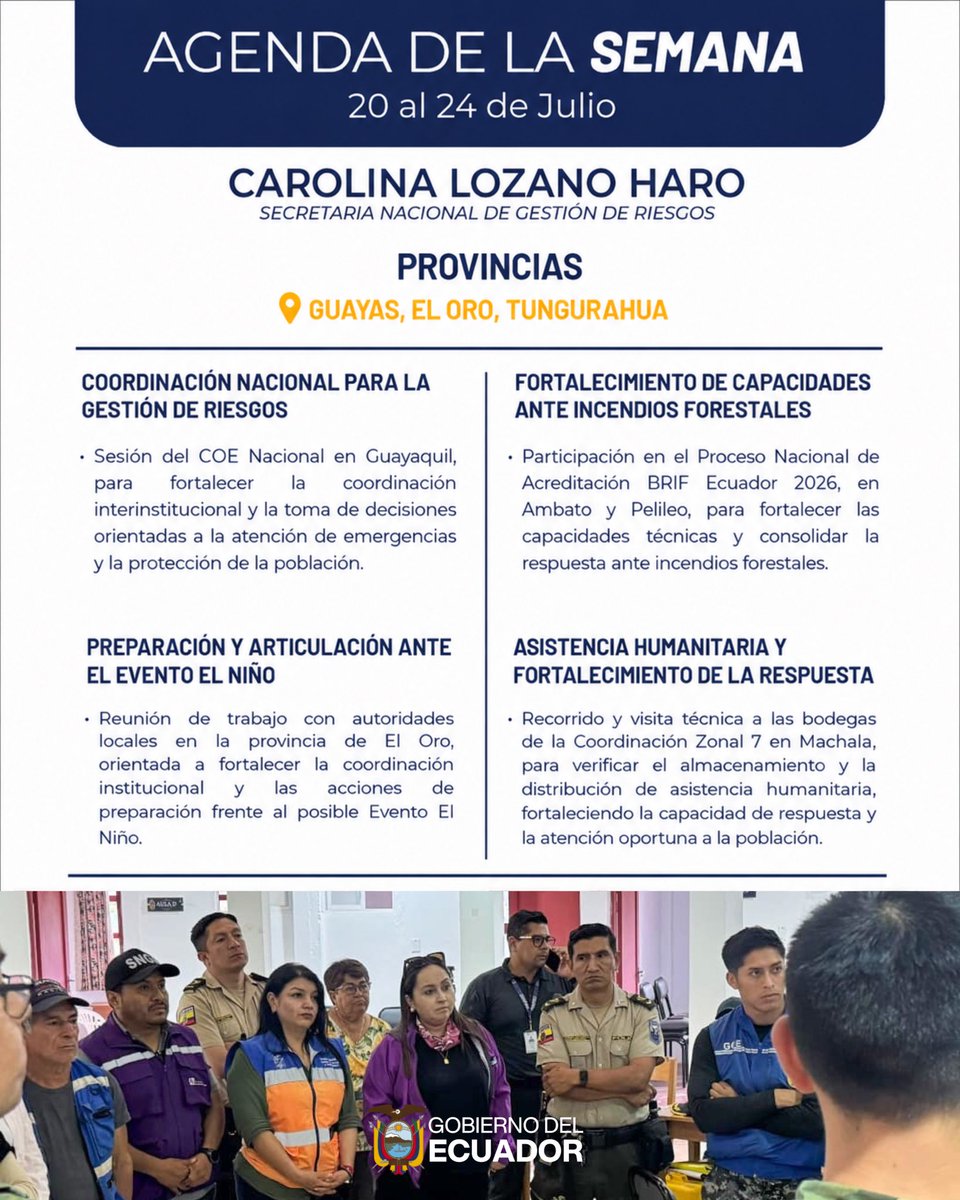 Riesgos_Ec's tweet photo. Agenda Semanal | 20 al 24 de julio 

Seguimos trabajando para proteger a la ciudadanía y fortalecer la gestión integral del riesgo en el país. 🇪🇨🫱🏼‍🫲🏻

#GobiernoDelEcuador https://t.co/D7Z12o4aXw
