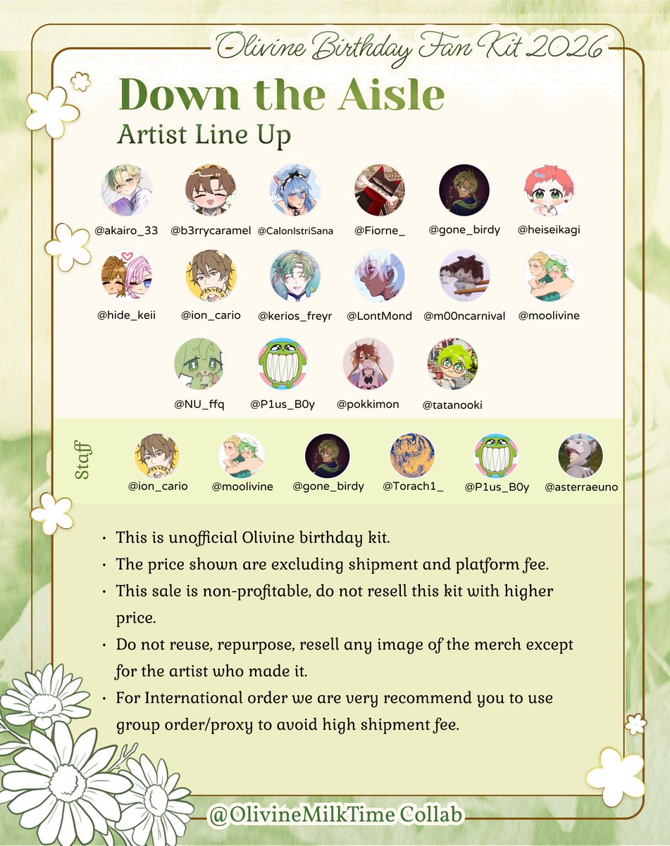 OlivineMilkTime's tweet photo. 𓎠𓎠𓎠𓎠𓎠𓎠𓎠𓎠𓎠𓎠𓎠𓎠𓎠𓎠𓎠
💚 Olivine Birthday Kit 2026 💚
✧ ˚₊ 𝐃𝐨𝐰𝐧 𝐭𝐡𝐞 𝐀𝐢𝐬𝐥𝐞 ₊˚ ✧
Pre-Order is now open!

📅 July 20th - August 5th 2026
🌐 International order are welcome! GO recommended
🛒 https://t.co/4pS4Dol4rC
  
#DowntheAisle
#OlivineBirthdayFanKit2026 https://t.co/r3xKk0Uuf2