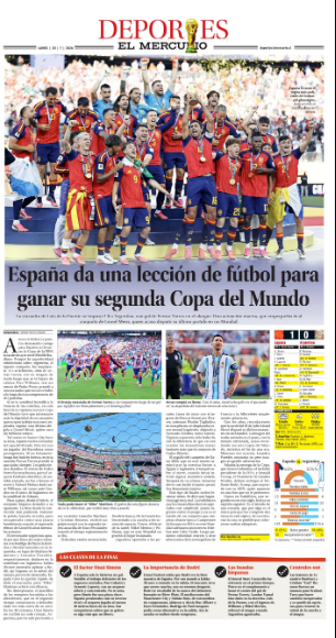 ElMercurio_DEP's tweet photo. En la edición papel: Especial España campeón del mundo • La ruta a la gloria hispana • Las figuras y todos los récords del nuevo monarca • Furia y llanto en Argentina • Las grandes historias que dejó la Copa 2026 y lo que viene para la de 2030. Más en https://t.co/aRwsu1a2gs https://t.co/vnplm3vdWv