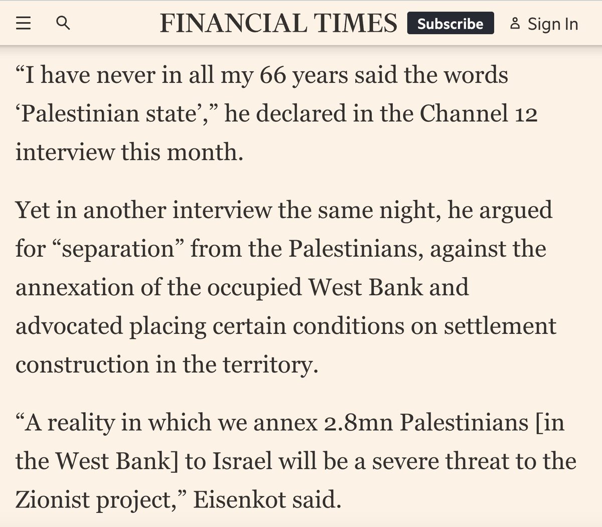 AdHaque110's tweet photo. Eisenkot rejects both a two-state solution and a one-state solution.

He speaks of "separation," which appears to mean permanent occupation and maintaining existing settlements, perhaps with some areas of Palestinian autonomy.

This is "the opposition." https://t.co/zLHE6qJQe6