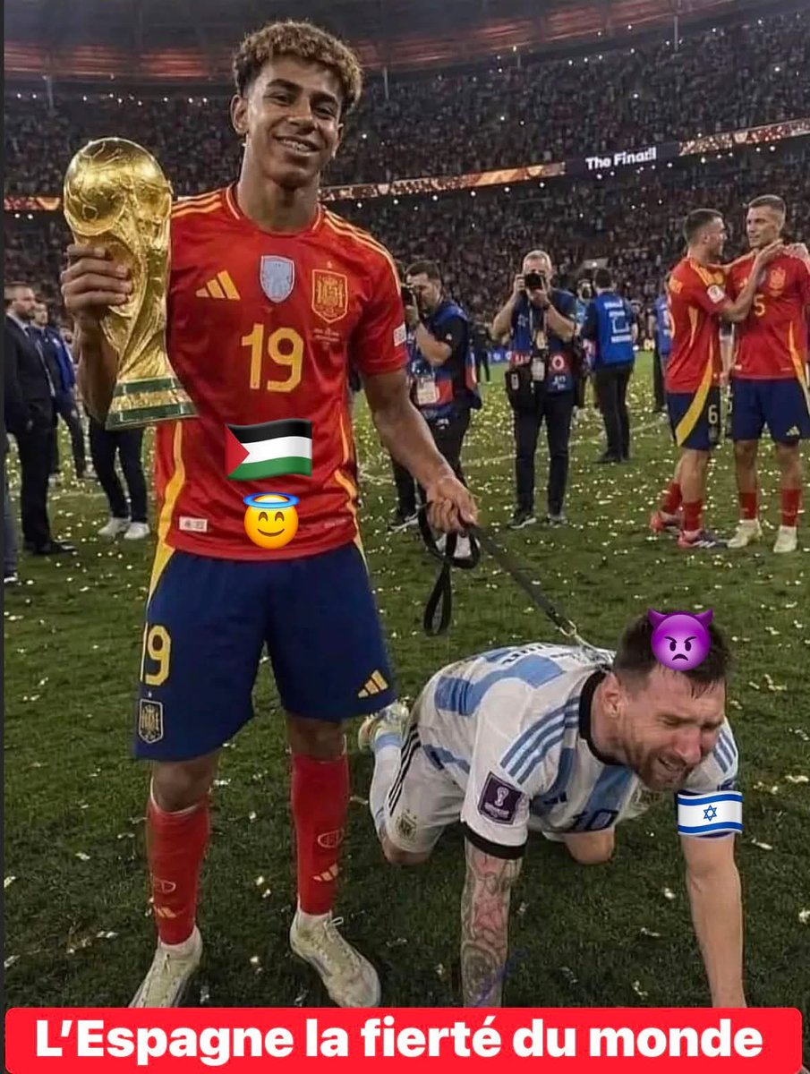 HalmGilles's tweet photo. @tugberk37 Bravo à l'Espagne qui soutient la Palestine d'avoir écraser l'argentine pays raciste. Et une bonne claque à Messi qui file de la tune à Israël. Fils de p…. https://t.co/NewuRW2GM2