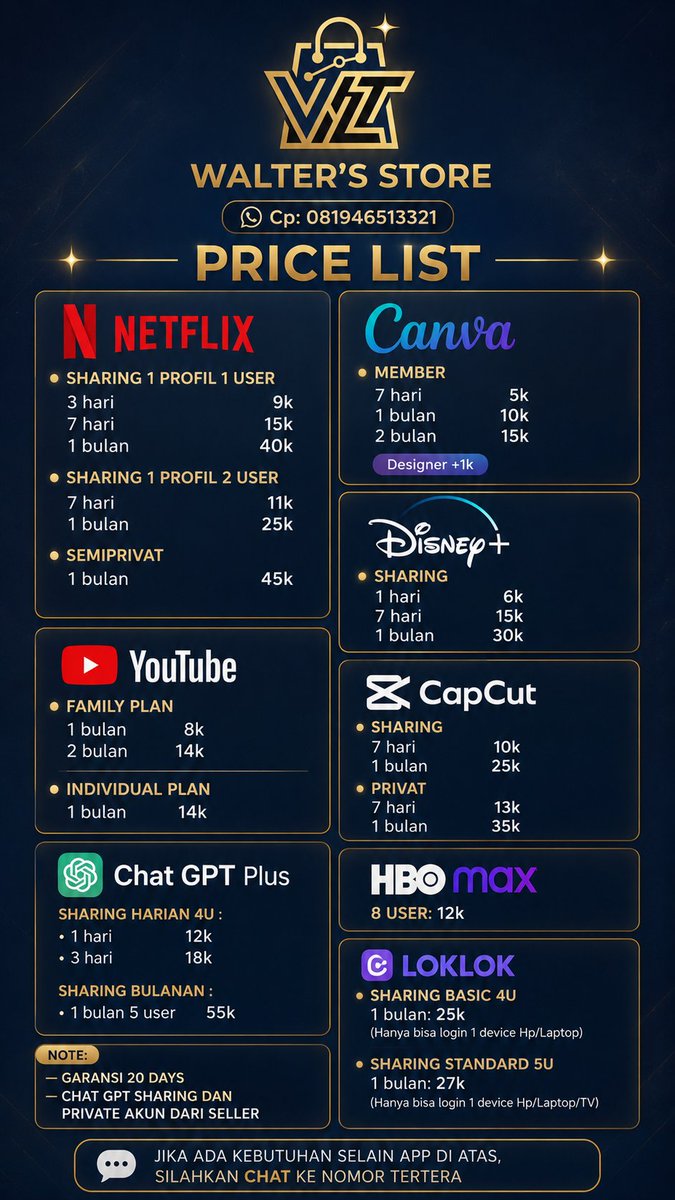 Walter_store's tweet photo. Walter's Store menyediakan berbagai kebutuhan digital premium dengan harga hemat dan proses cepat. Layanan ramah, respons cepat, dan garansi sesuai ketentuan. Jika ada kebutuhan di luar yang tertera, silakan DM. Order melalui WhatsApp: 081946513321. https://t.co/MxlHHHsCHk