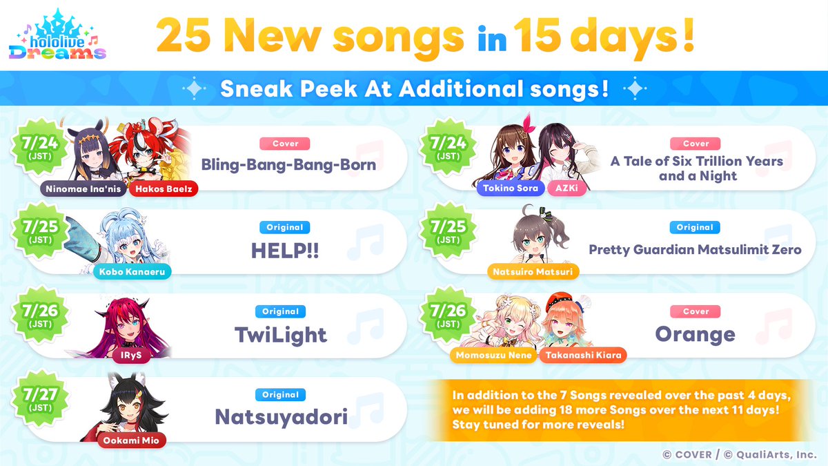 holo_dreams_en's tweet photo. /／
Release Celebration🎉🏰🎶
25 New Songs in 15 Days!🎉
\＼

Here's a look at the first 7 songs coming over the first 4 days, starting July 24 (Fri) (JST), as part of our 25 New Songs in 15 Days campaign💿

More songs will be revealed soon📣
Stay tuned!✨

#holodori https://t.co/dxdtZZYmZA