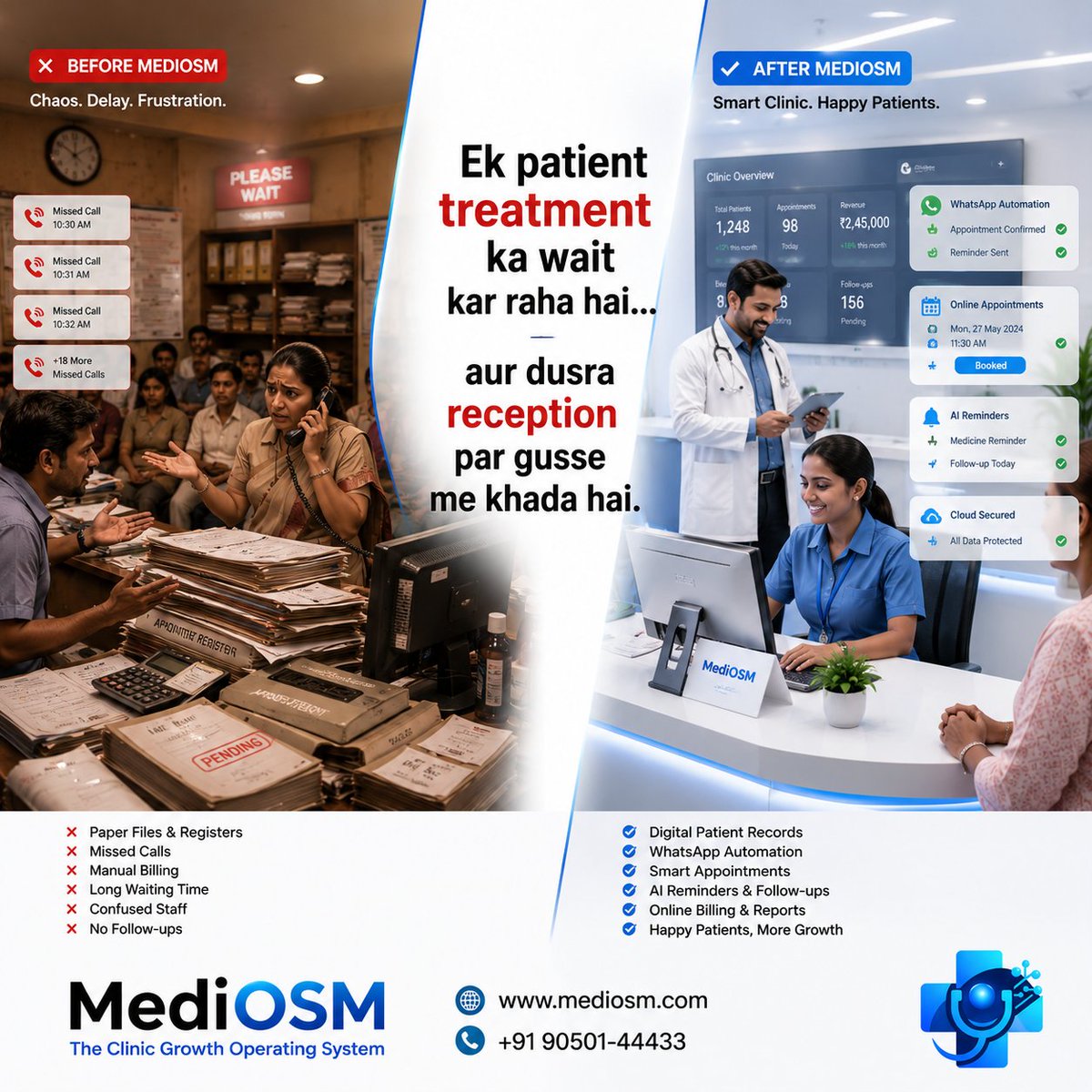 mediosmtech's tweet photo. Manual clinic management creates delays, frustration &amp; missed opportunities.

Move to smarter operations with MediOSM.

✔ Digital Records
✔ Smart Appointments
✔ WhatsApp Automation
✔ AI Follow-ups
🌐 https://t.co/zdtCiWf9jk
#MediOSM #HealthTech #DoctorLife #ClinicManagement https://t.co/yyJHOHR1SV