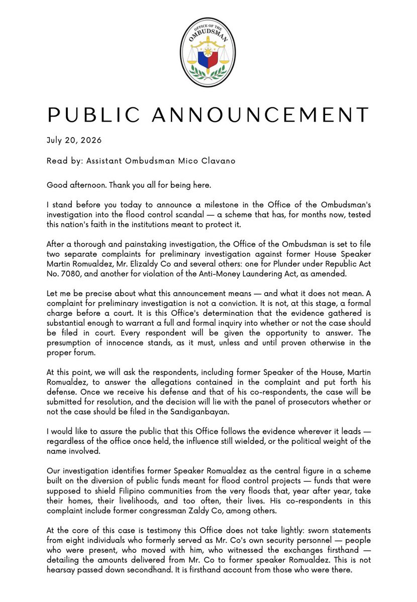 bylancemejico's tweet photo. JUST IN: The Office of the Ombudsman will file two separate complaints for preliminary investigation against former House Speaker Martin Romualdez for plunder and violation of the Anti-Money Laundering Act.

Fugitive Zaldy Co was also named co-respondent @newswatchplusph https://t.co/yXLAaDNXzJ
