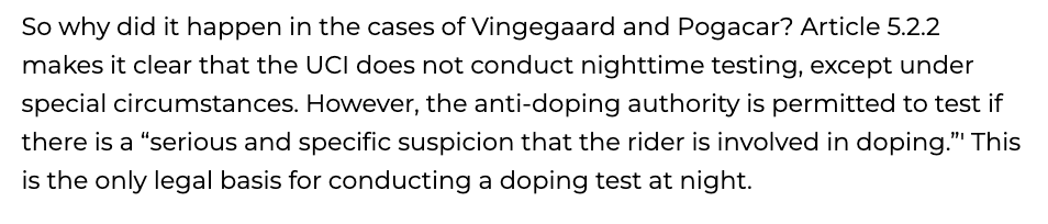 cleans_letsrun's tweet photo. Were the ITA acting within the rules when they tested Pogacar and Vingegaard in the middle of the night?

They can do so only if there is a “serious and specific suspicion that the rider is involved in doping.”

https://t.co/cM3JtQBZzx https://t.co/CpStcAMLaq