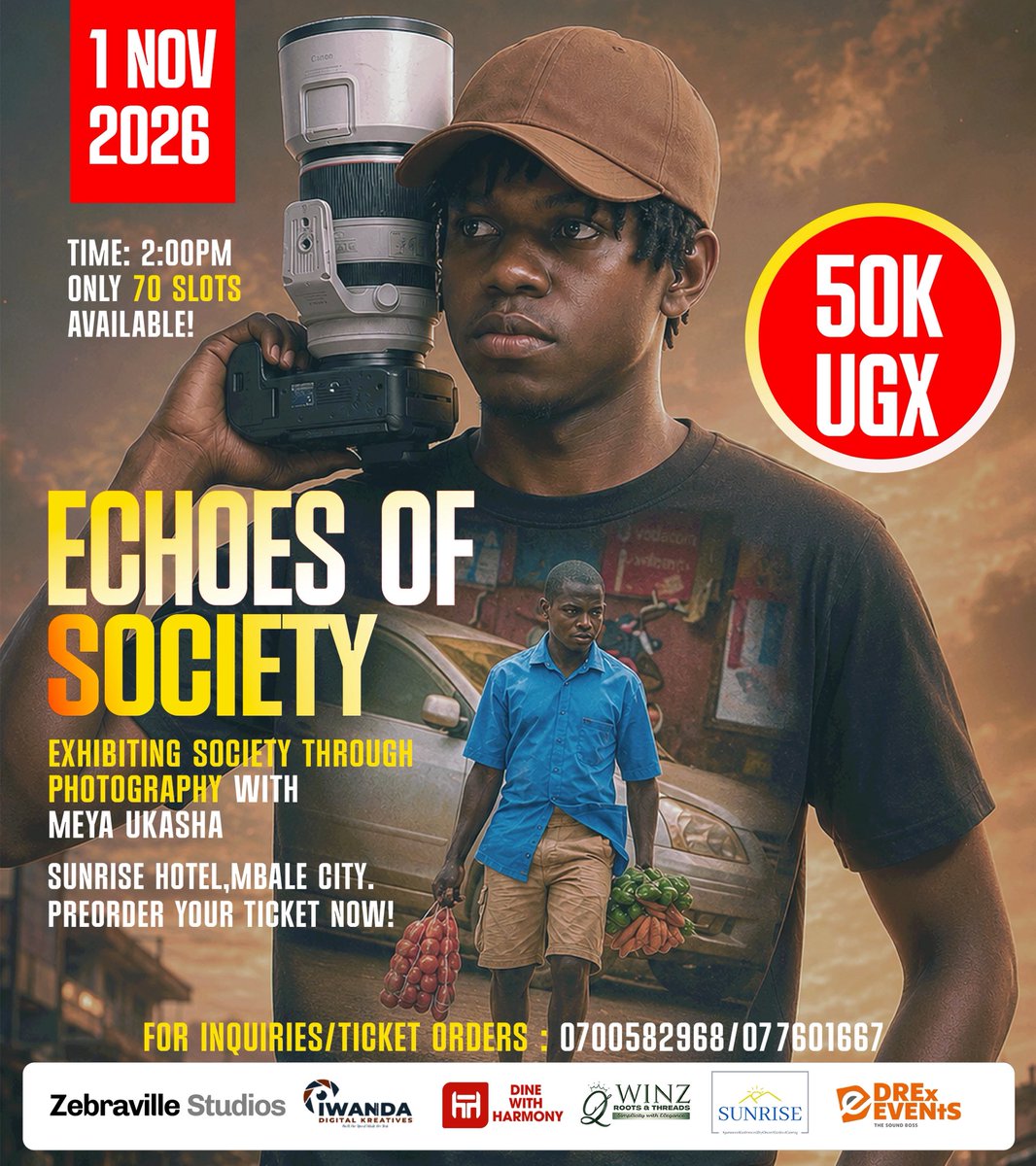 meya_ukasha's tweet photo. The wait is over.

lECHOES OF SOCIETY is officially here.
Join us for an unforgettable photography exhibition that tells the stories we live but rarely stop to see.

📅 1 Nov 2026
🕓 4:00 PM
📍 Sunrise Hotel, Mbale City
🎟️ UGX 50,000

#EchoesOfSociety https://t.co/eg6yOHtbMf